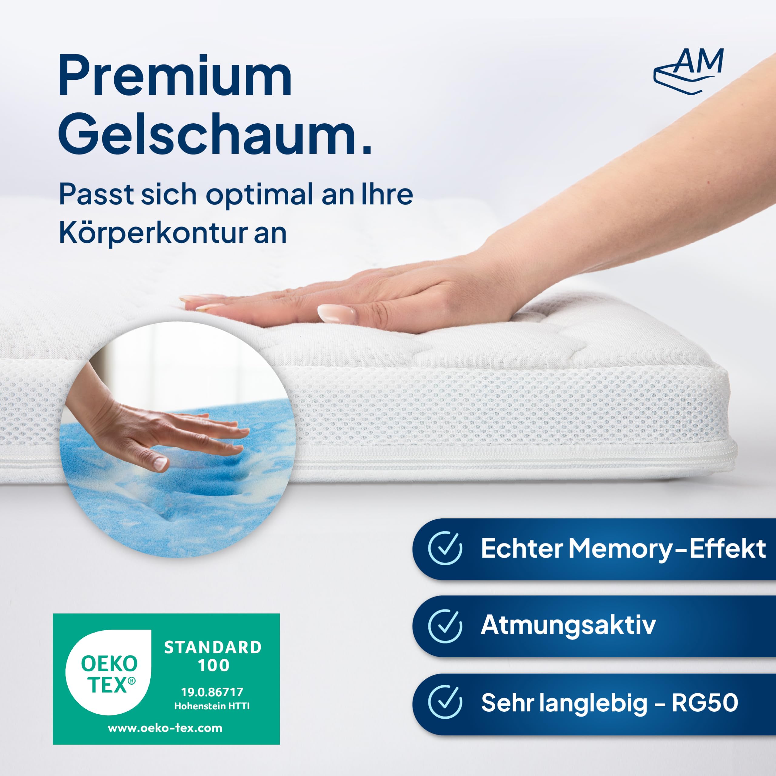 Premium Gelschaum-Topper 180x200 cm mit RG 50 - Hochwertiger Lyocell-Bezug - Antirutschfunktion - Umlaufendes Klimaband - Qualität Made in Germany - Gel-Topper 180 x 200