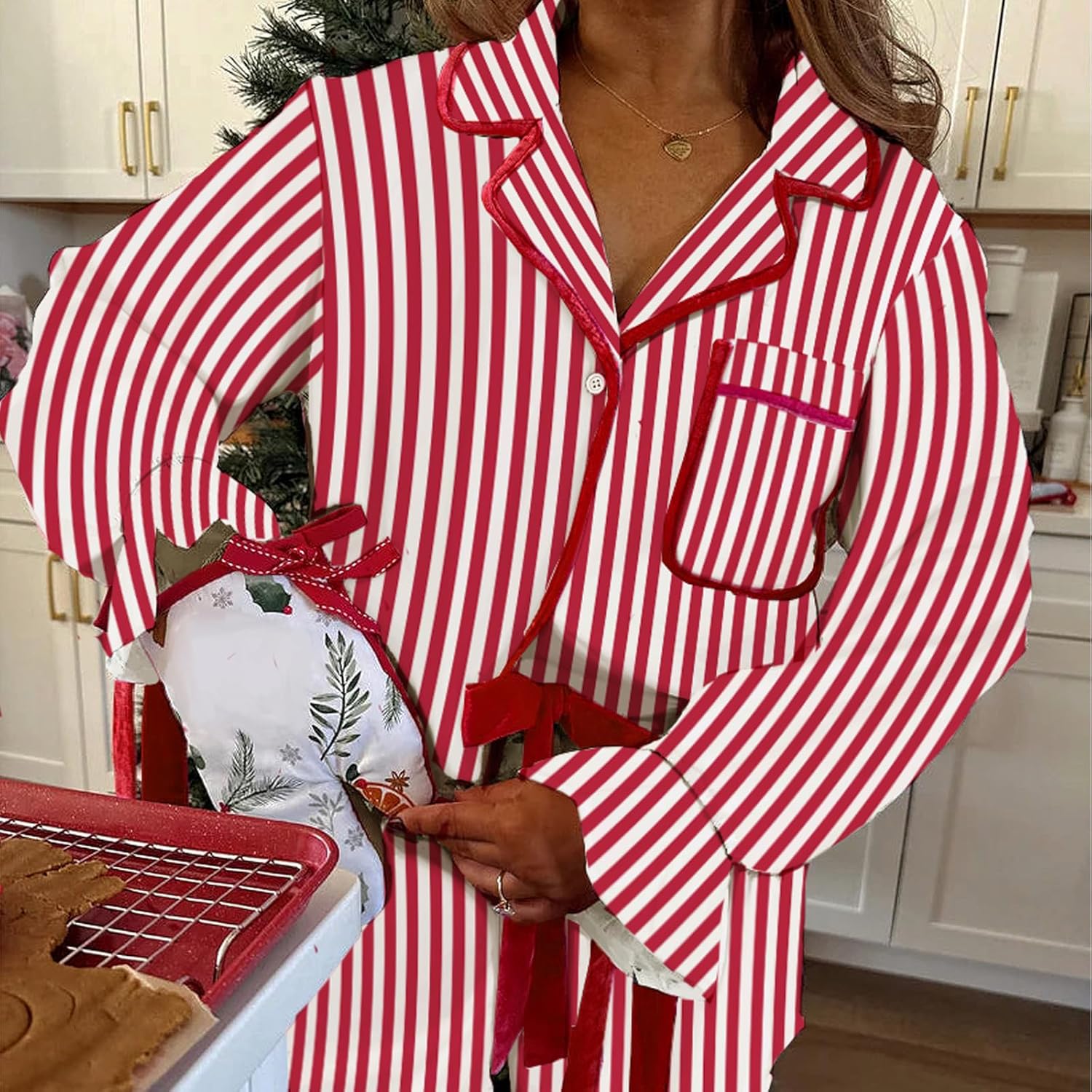 Women Bow Tie Pajamas Heart/Stripe Print Silk Satin Pjs Long Sleeve Shirt Tops with Lounge Shorts Pj Set Sleepwear - Image 3