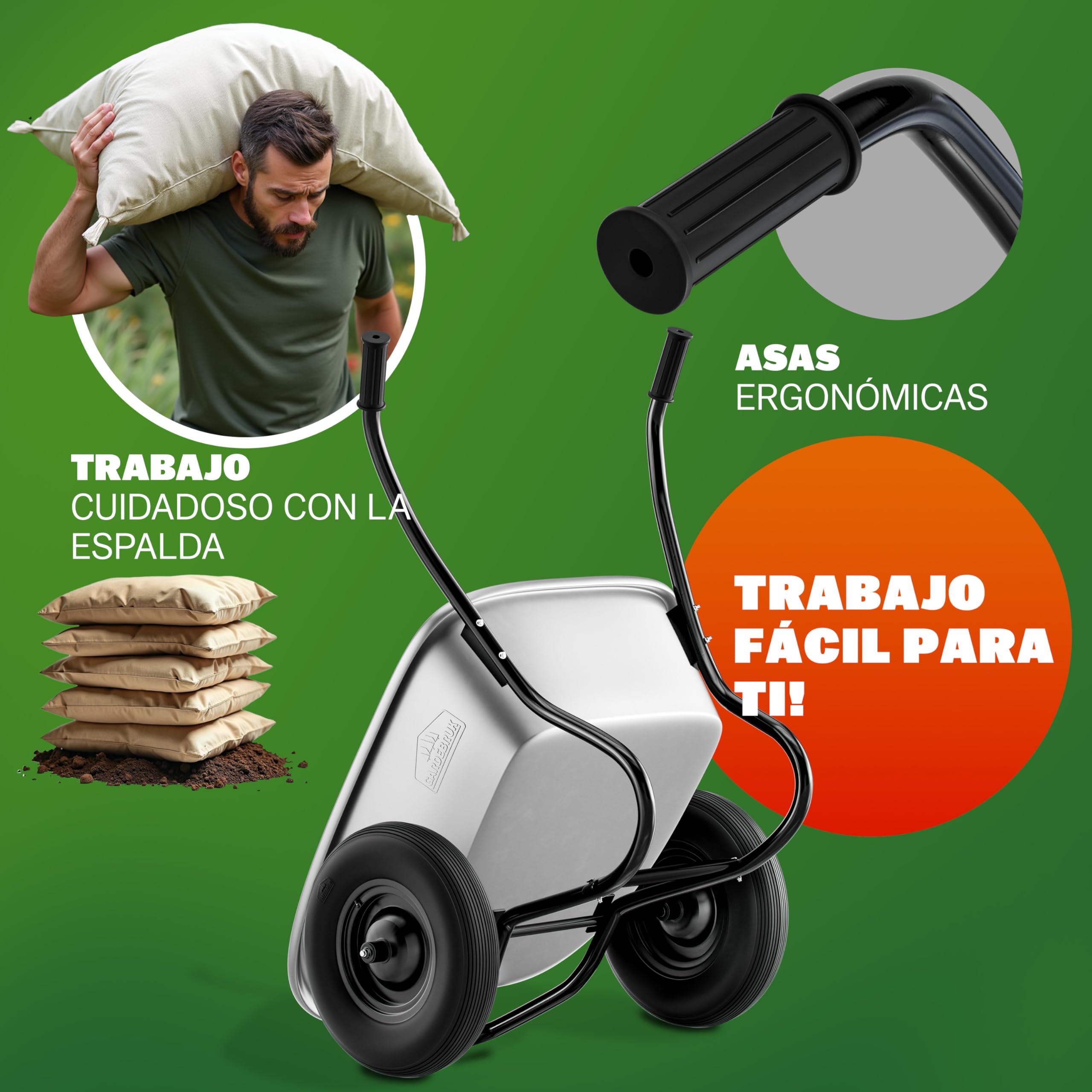 GARDEBRUK® Carretilla de Obra 100L Carro de Jardín Capacidad Carga Máx. 150 Kg 2 Ruedas Neumáticas Acero Galvanizado Mangos Ergonómicos Resistente Ligera Herramienta Jardinería Construcción