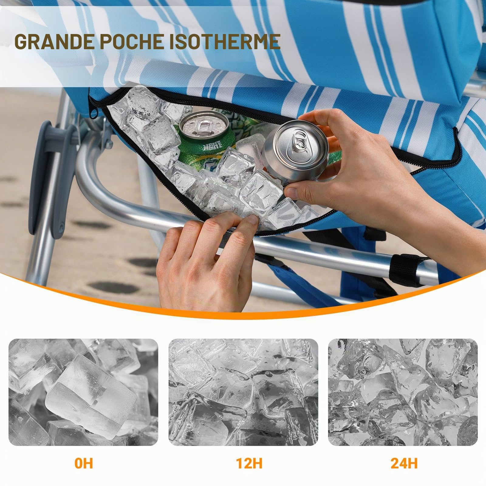OVERMONT Chaise de Plage Basse Pliante, 6 Positions Jusqu’à 180°, Bleu | Supporte jusqu’à 150 kg; sac isotherme, porte-serviette et porte-gobelet; coussin lombaire et accoudoirs; pour camping