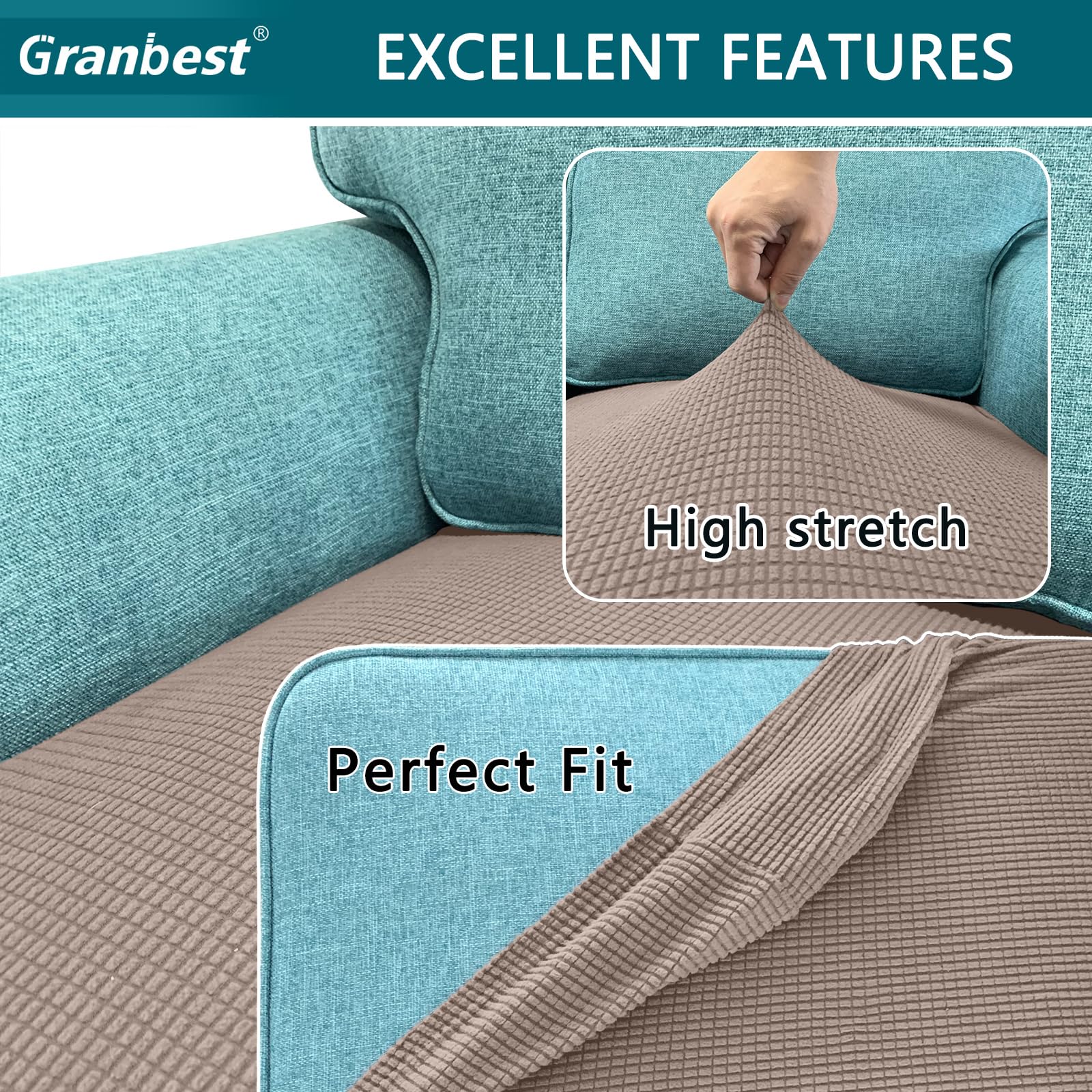 Granbest High Stretch Sofa Seat Cushion Cover Super Soft Couch Seat Cover Sofa Cushion Protector Jacquard Spandex Fabric with Elastic Bottom(2-Piece 2 Seater - Image 4