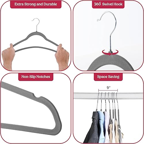 Miniatura 3 de LDC LUX DECOR COLLECTION Perchas de terciopelo gris, paquete de 30  Percha de fieltro antideslizante de alta calidad para abrigos, pantalones,