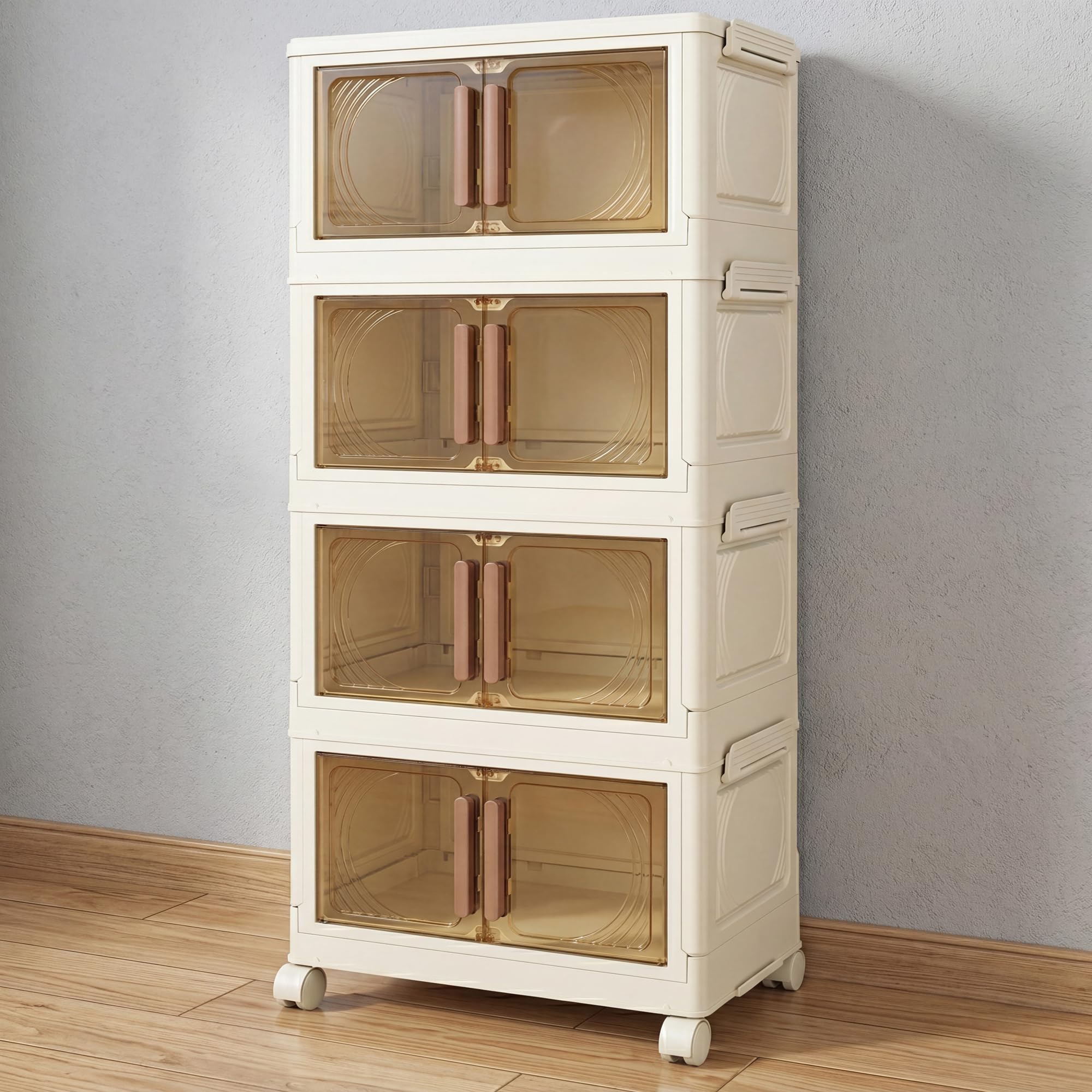 Klass Home Collection Stackable Storage Boxes With Lids, 4-Tier 23L/Tier Plastic Storage Drawers on Wheels 1 Lid, Cabinet Storage Unit With Drawers For Home, Bedroom, Kitchen, Bathroom (4 x 23L/Tier)