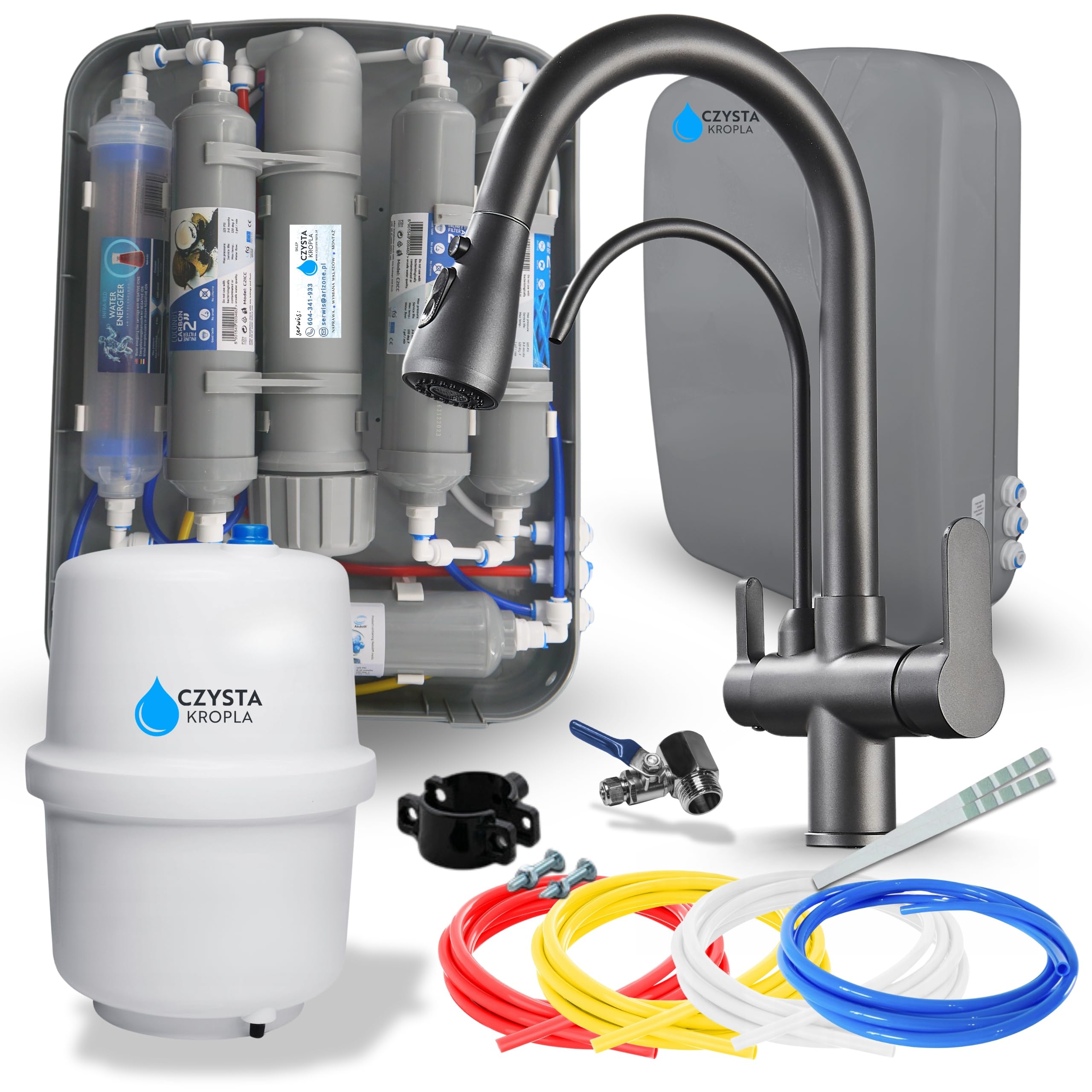 Ari 3-Wege Küchenarmatur Spültischarmatur Ausziehbarer Auslauf Graphit 360-Grad Nordic im Set mit Untertisch Umkehrosmose Wasserfilter Trinkwasseranlage RO7 SLIM