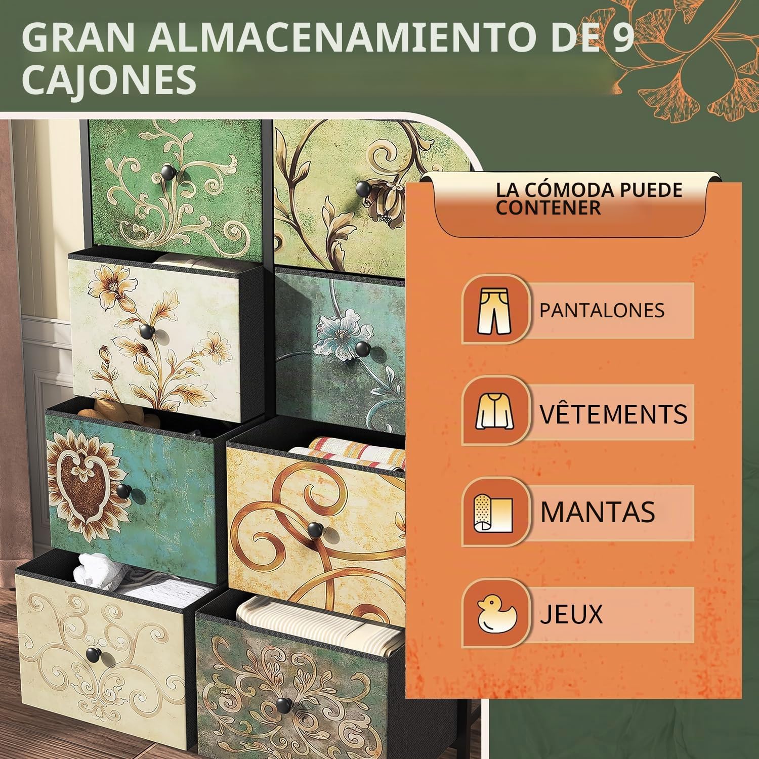 Cómoda con 8 Cajones de Tela,Cómoda para Dormitorio,Unidad de Almacenamiento,Armario de Tocador Bohemio,Cajonera Industrial con Estructura Metálica,para Salón,Pasillo,Estilo Rústico
