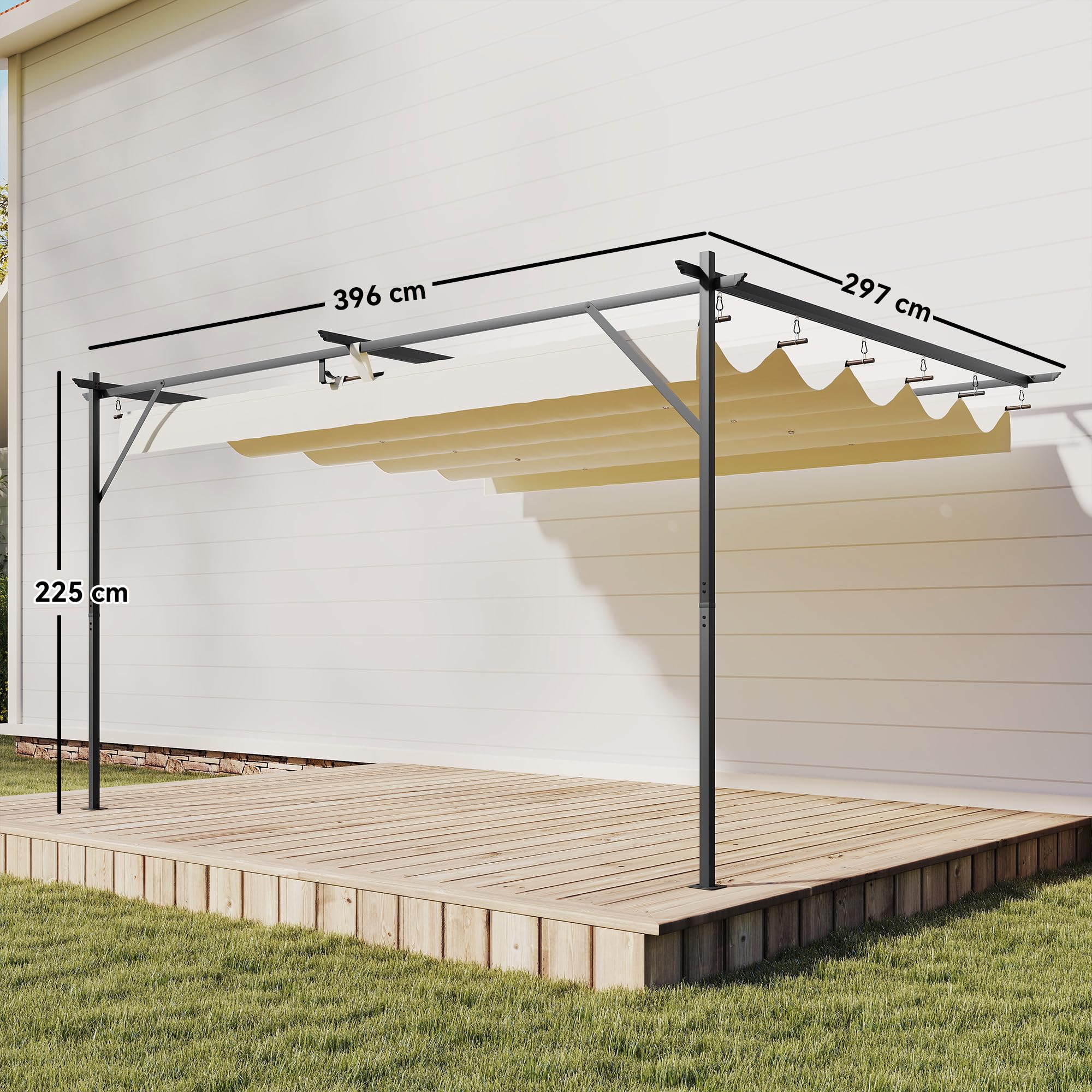 Outsunny Pérgola de Pared de Jardín 4x3 m, Cenador de Jardín con Techo Retráctil, Protección UPF30+, Orificios de Drenaje y Estructura Metálica, Pabellón para Patio, Terraza, Exterior, Blanco Crema — view 7