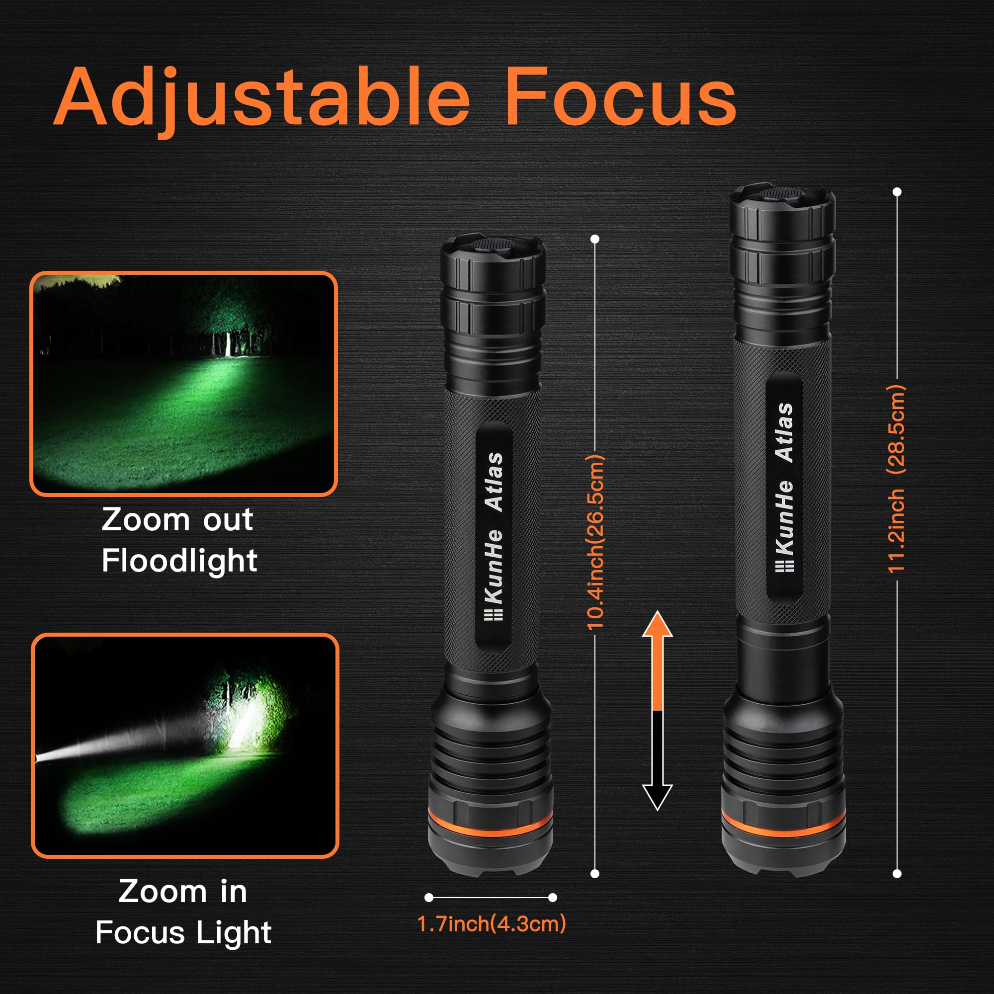KunHe Lot de 2 grandes lampes de poche LED à cellules 3D en aluminium avec zoom et haute luminosité, 1000 lm, alimentée par batterie, grande lampe de poche pour la maison, les coupures de courant, le