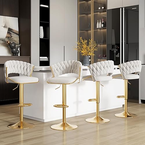 Lumibee Bar Stools Set of 4, Modern Counter Height Barstools, Velvet Upholstered Bar Chair with Metal Legs & Footrest, Adjustable Swivel Bar Stools for Kitchen Island, Bar, Beige&Gold
