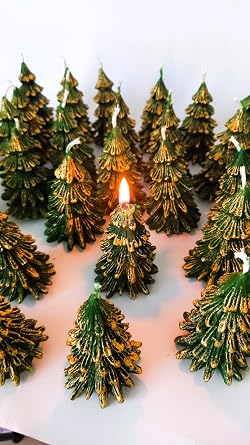 Petekoğlu Natural Honeycomb Beeswax Candle Green Gold Silvery Pine Tree Size 8.5 Cm Beeswax