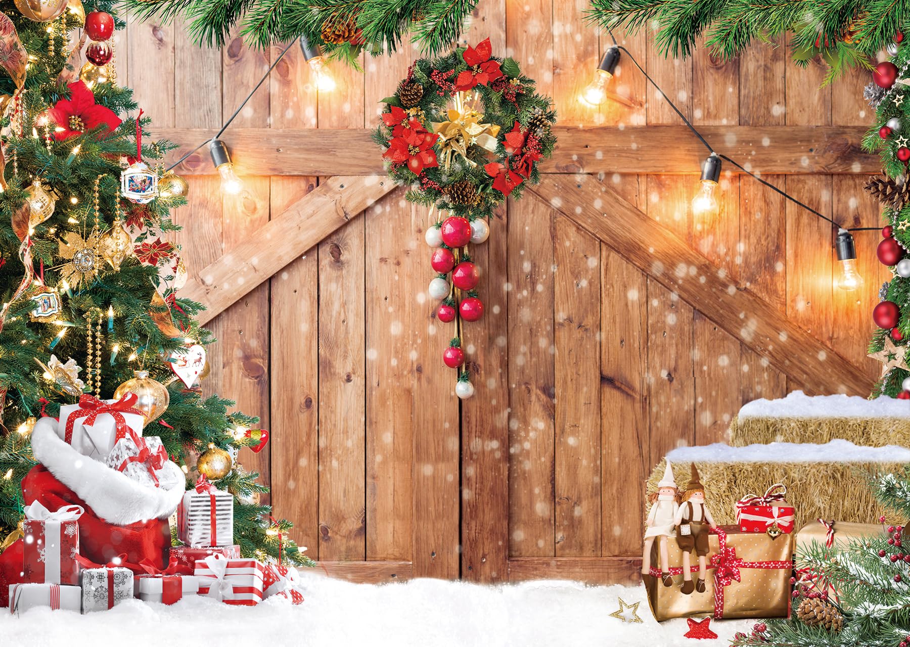 Dudaacvt 12X10FT Christmas Photography Backdrop Christmas Rustic Barn Wood Door Backdrop Xmas Tree Snow Gift Kids Adult Family Party Baby Shower Decoration Background D609