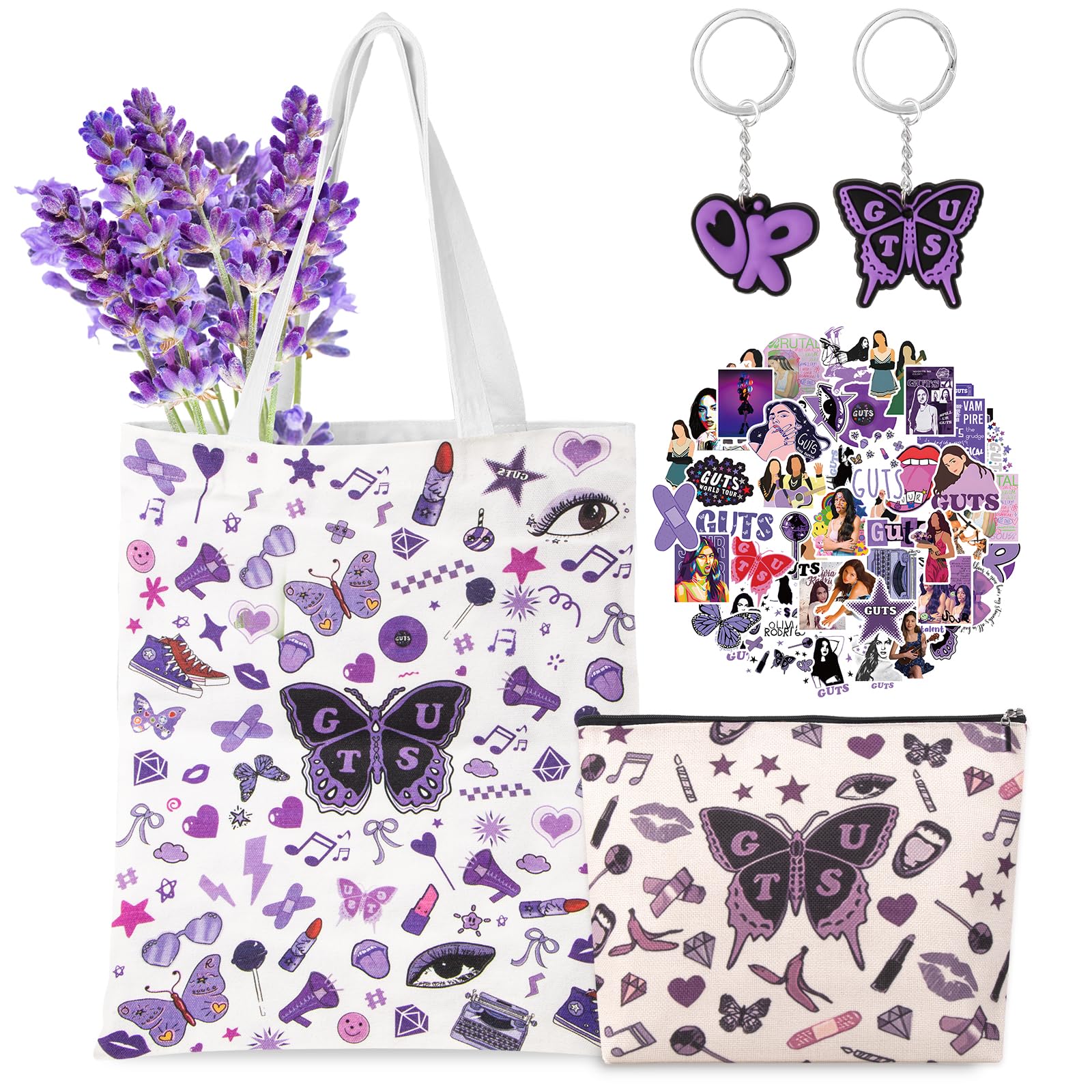 54PCS Ol𝕚v𝕚a Merch Album Canvas Bag Set, Cosmetic Bag Music Lover Makeup Bags with Stickers & Keychain