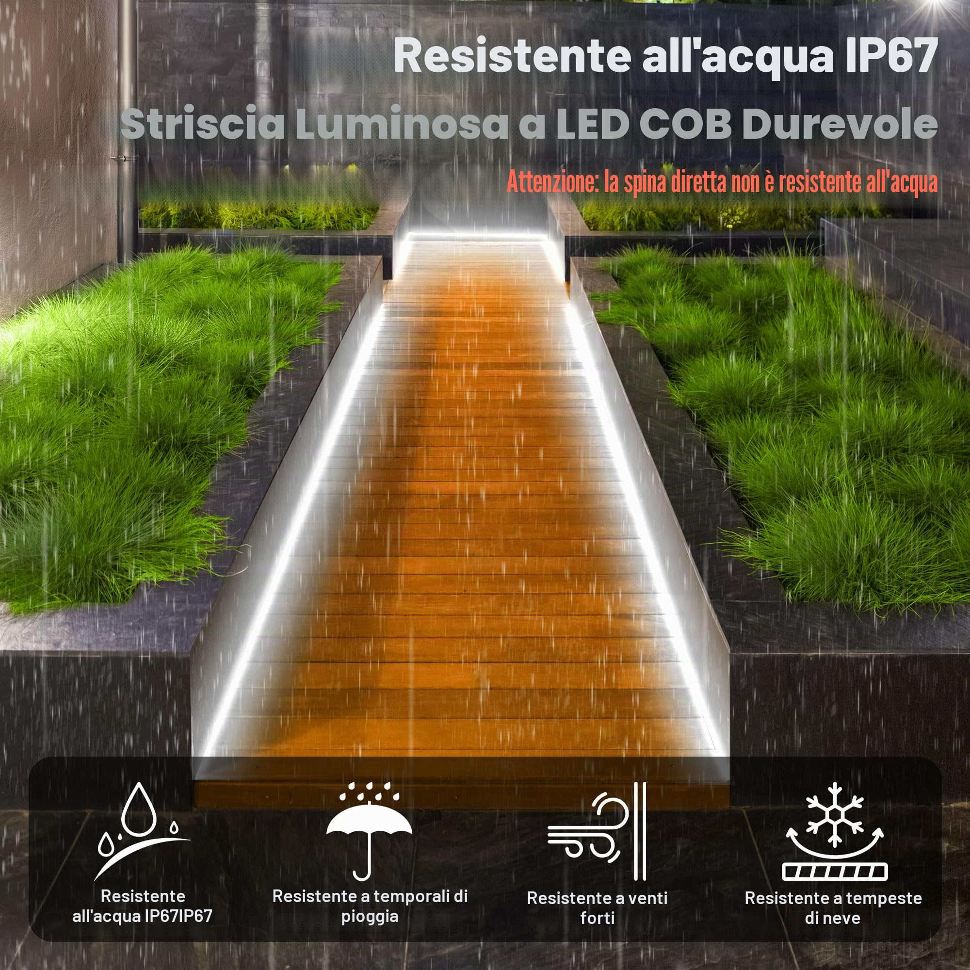 Striscia LED COB Esterno Impermeabile IP67 Spina Diretta, 20M Striscia Led 220V Luminosità per Esterni con Doppio Controller Fusibile, 6500K LED COB Bianca per Commerciali da Giardino e Patio
