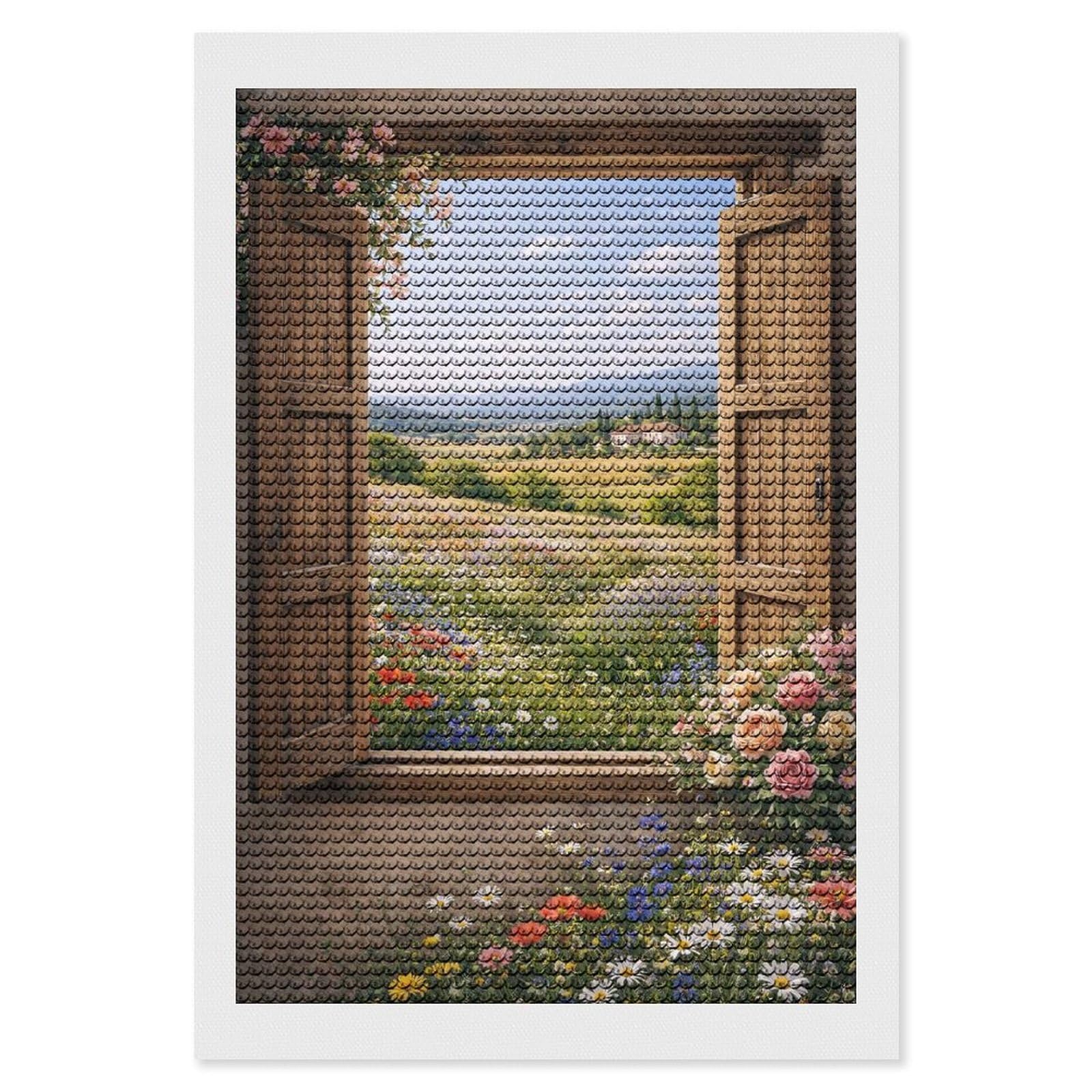 Junmoney Tuscan Window View with Wildflowers Diamond Art Kit 8"x12", Vintage Style Decor, Stress Relief Craft, Decor Project, Relaxing DIY, Creative Hobby
