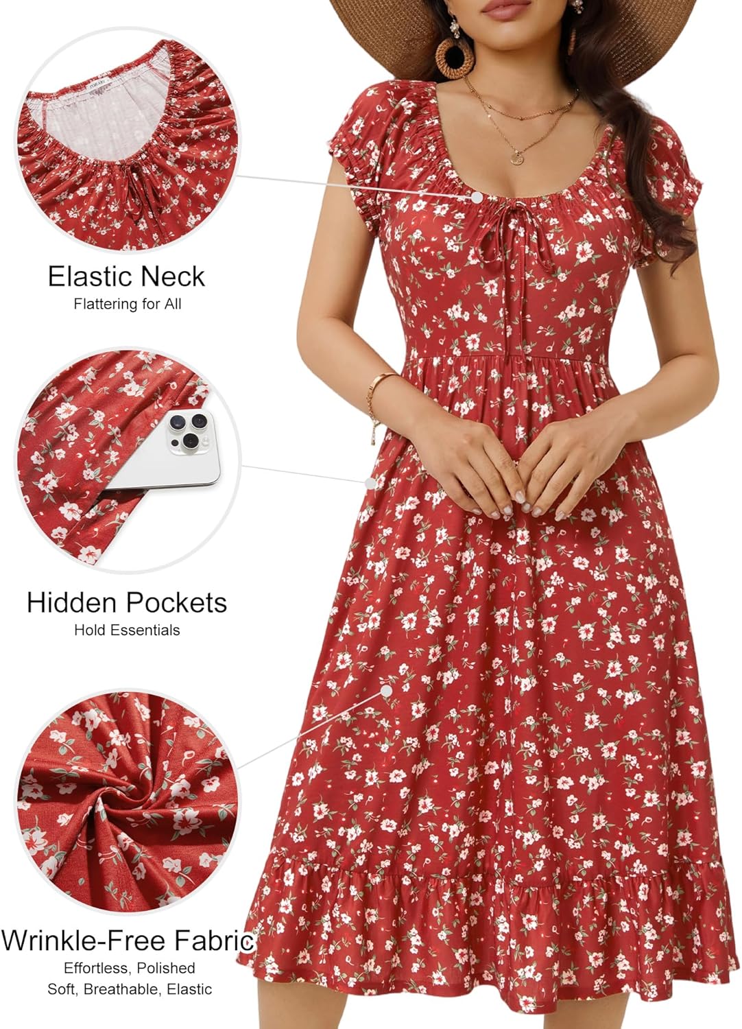 TORARY Teen Women Floral Round Neck Summer Casual Midi A Line Dresses with Pockets Cute Milkmaid Sundress 2026 - Image 4