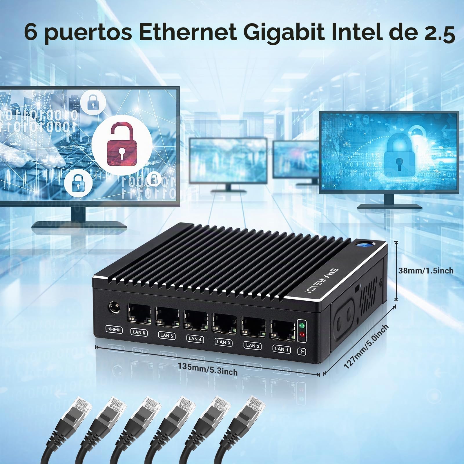 Fanless Firewall Mini PC Intel N3710 4C/4T 6X Intel i226 LAN, Network Gateway Soft Router, Test with PF-Sense/OPN-Sense AES NI HD/Type-C/SIM/TF/Wi-Fi (8G RAM 240G SSD)