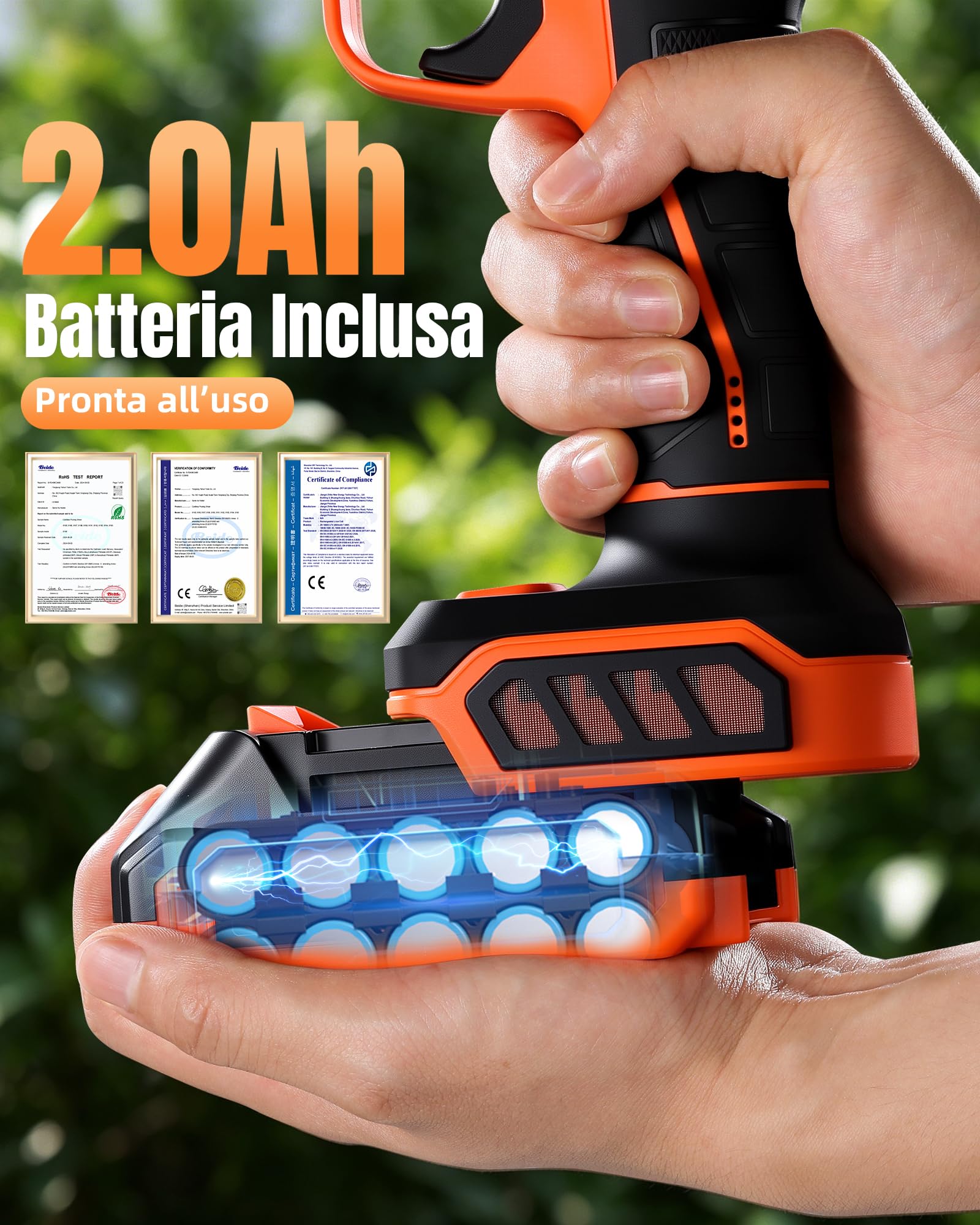 Forbici da Potatura Elettriche 40mm con Batteria 2,0 Ah Inclusa, Motore Brushless 600W, Lama SK5, LED, Blocco di Sicurezza, Pronte all'Uso come Cesoia Elettrica per Giardino e Alberi da Frutto