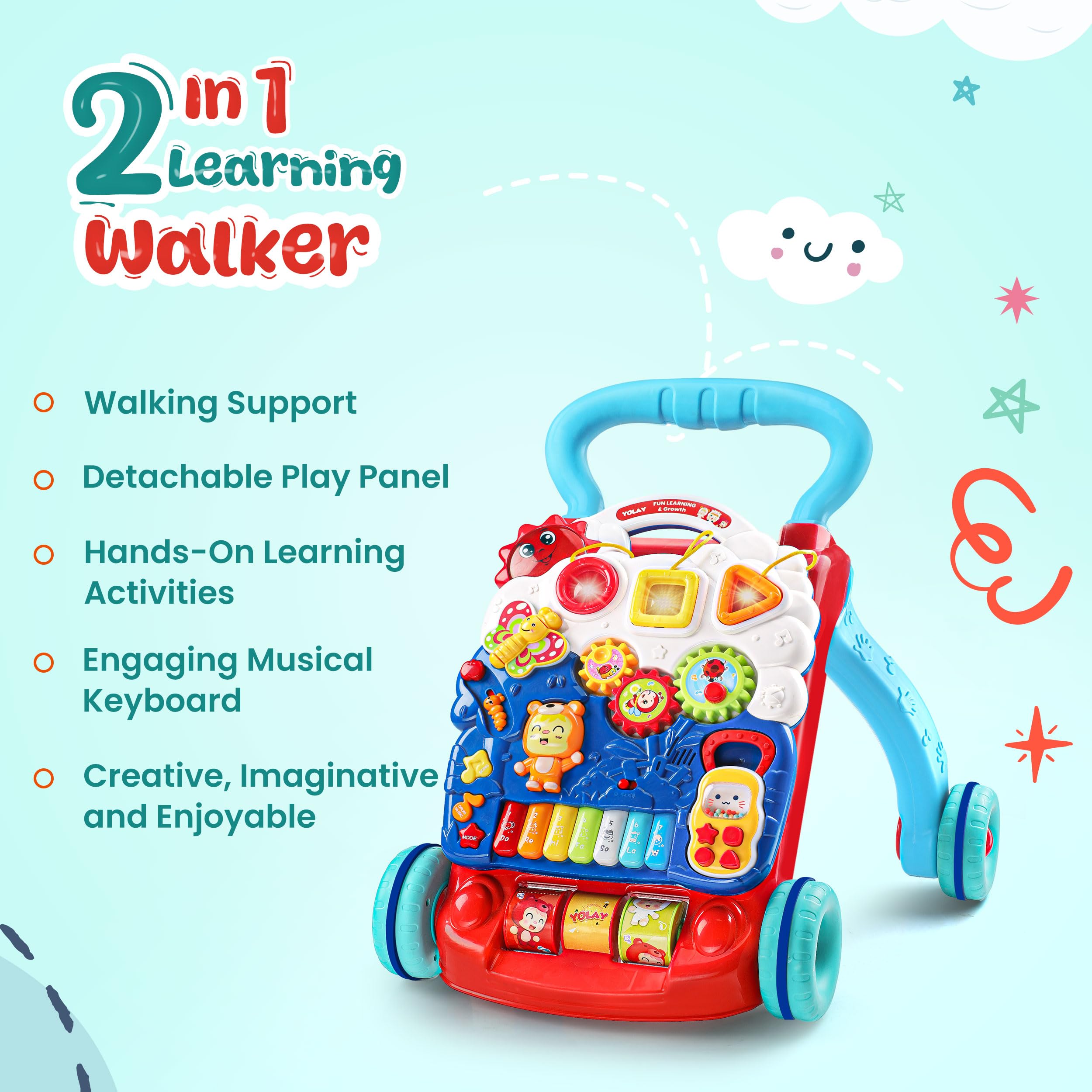 YOLAY Baby Walker Push with Wheels, Sit-to-Stand Foldable Walker for Baby Boy and Girl 6-12 Months with Detachable Play Panel, Stable Handle, Early Learning Activity for Kids - Blue