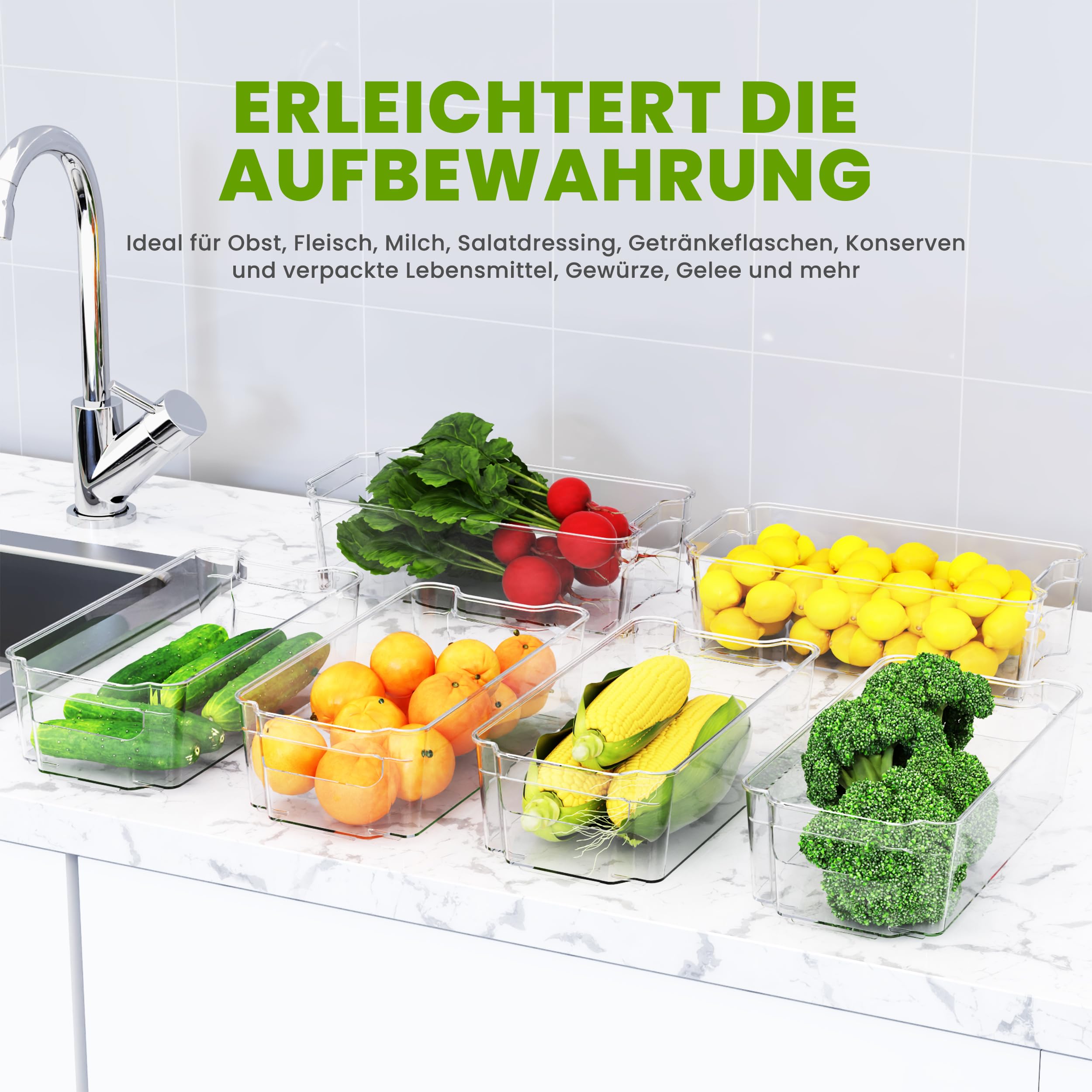 KICHLY Hochwertiger Kühlschrank Organizer set für Schubladen – Set mit 8 Stapelbar Aufbewahrung Kühlschrank für Gemüsefach, küchen schrank, Regalen, Kosmetika, Büromaterial, Werkzeugen – BPA-frei