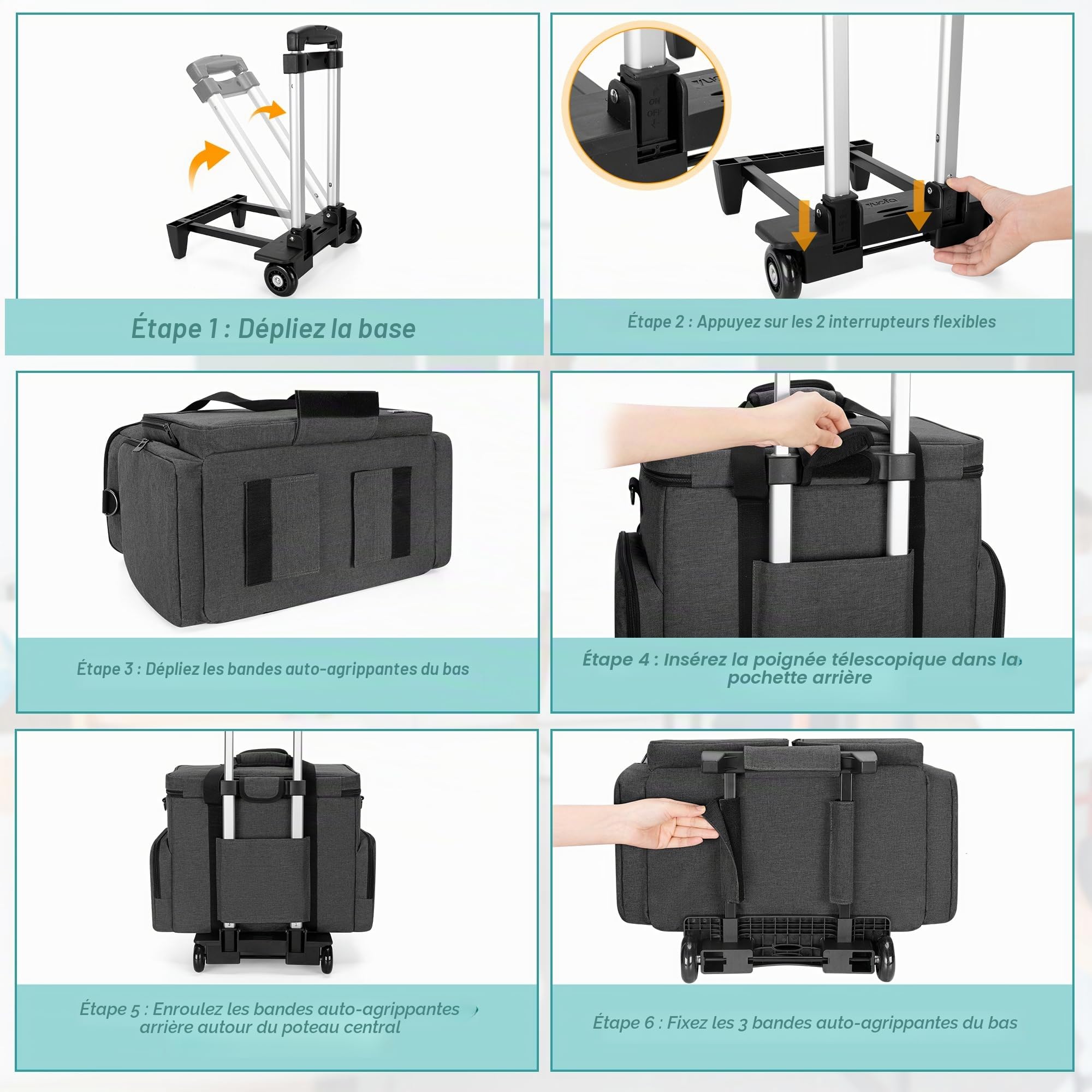 CURMIO Sac de Travail pour Enseignant, Sacoche à roulettes pour Ordinateur Portable de 15,6", Sac de Rangement Trolley pour Fournitures d'enseignant, Outils, Fournitures de Bureau, Artisanat, Noir