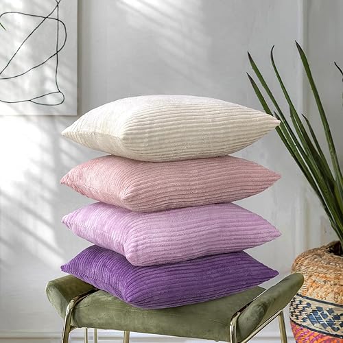 Lewondr Juego de 4 fundas de almohada de pana de 18 x 18 pulgadas, fundas cuadradas suaves a juego multicolor a juego, fundas modernas a rayas para