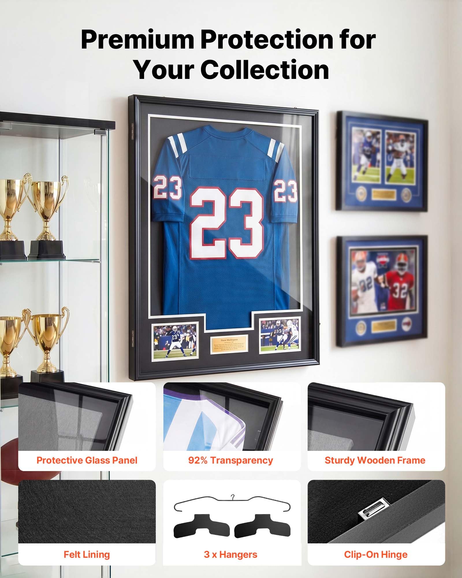 VEVOR Marco de Camisetas de Madera 71,8 x 92,5 x 4 cm, Vitrina para Camisetas Deportivas con Panel de Policarbonato con Protección UV, Expositor para Uniformes de Baloncesto, Fútbol, Béisbol, Negro