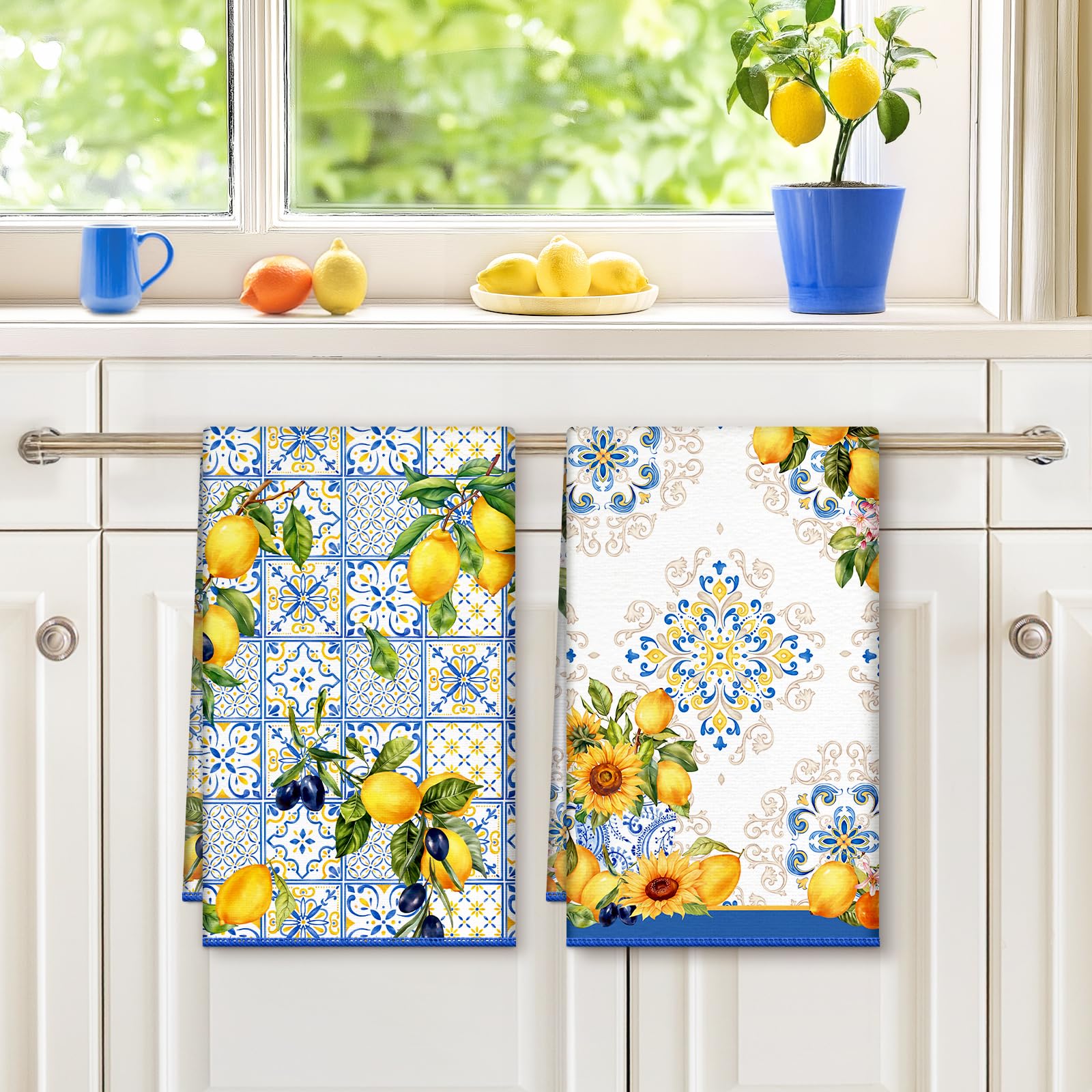 Arquiel Lemon Floral Microfiber Kitchen Towel 2Pcs, 40 × 60 cm Soft Absorbent Tea Towels - Image 4