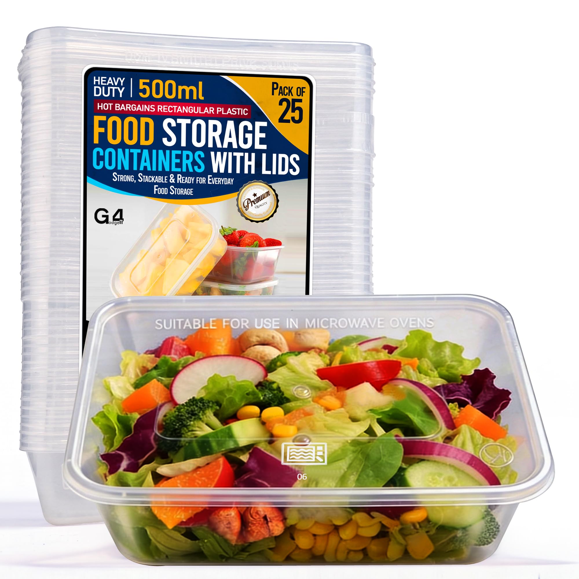 G4GADGET 25 x 500ml Plastic Food Containers with Lids – Heavy Duty Disposable & Reusable Microwave Safe Takeaway Meal Prep Containers – Freezer Safe Food Storage Boxes for Hot & Cold Food