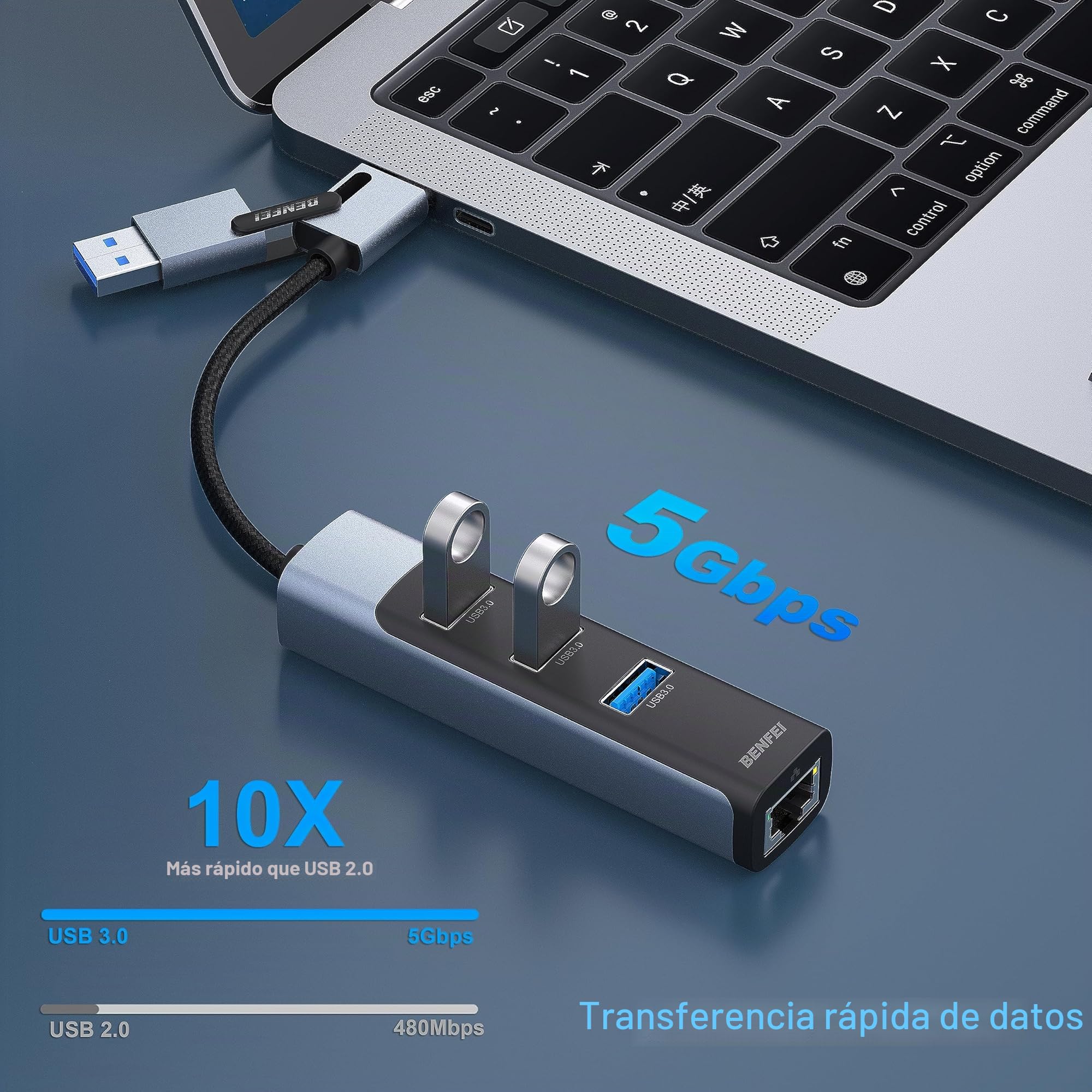 BENFEI Adaptador USB-C/USB 3.0 a Ethernet 2 en 1 con 3 Puertos USB 3.0 Compatible con iPhone Serie 15, MacBook Pro/Air 2023/2022/2021/2020/2019 y más