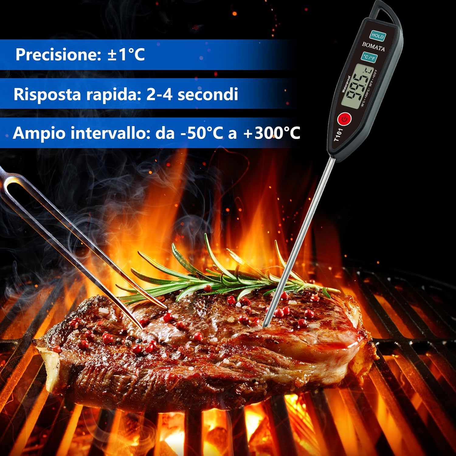 BOMATA Termometro impermeabile IPX7 per alimenti a lettura immediata sonda lunga T101 Nero