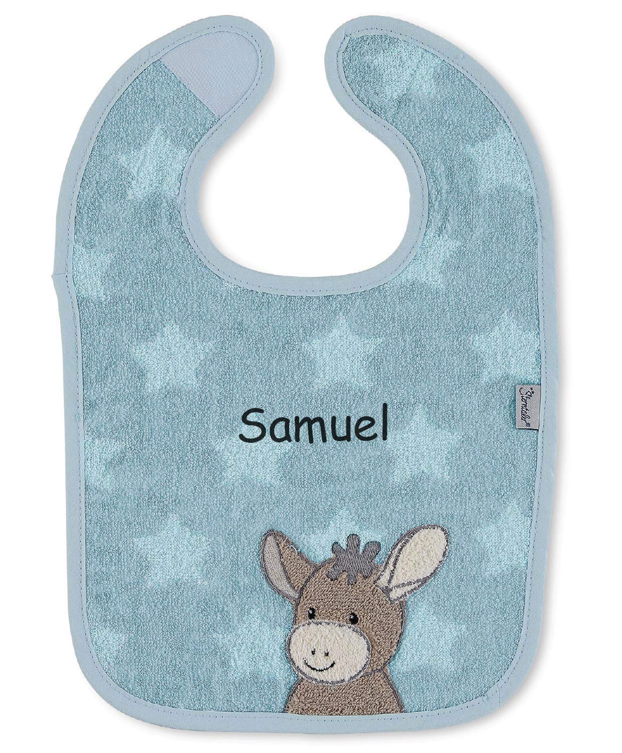 LALALO Sterntaler Emmi Lätzchen mit Namen bestickt, Baby & Kleinkind Spucktuch, Jungen Klettlätzchen Halstuch/Babylätzchen personalisiert (Esel Emmi Blau)