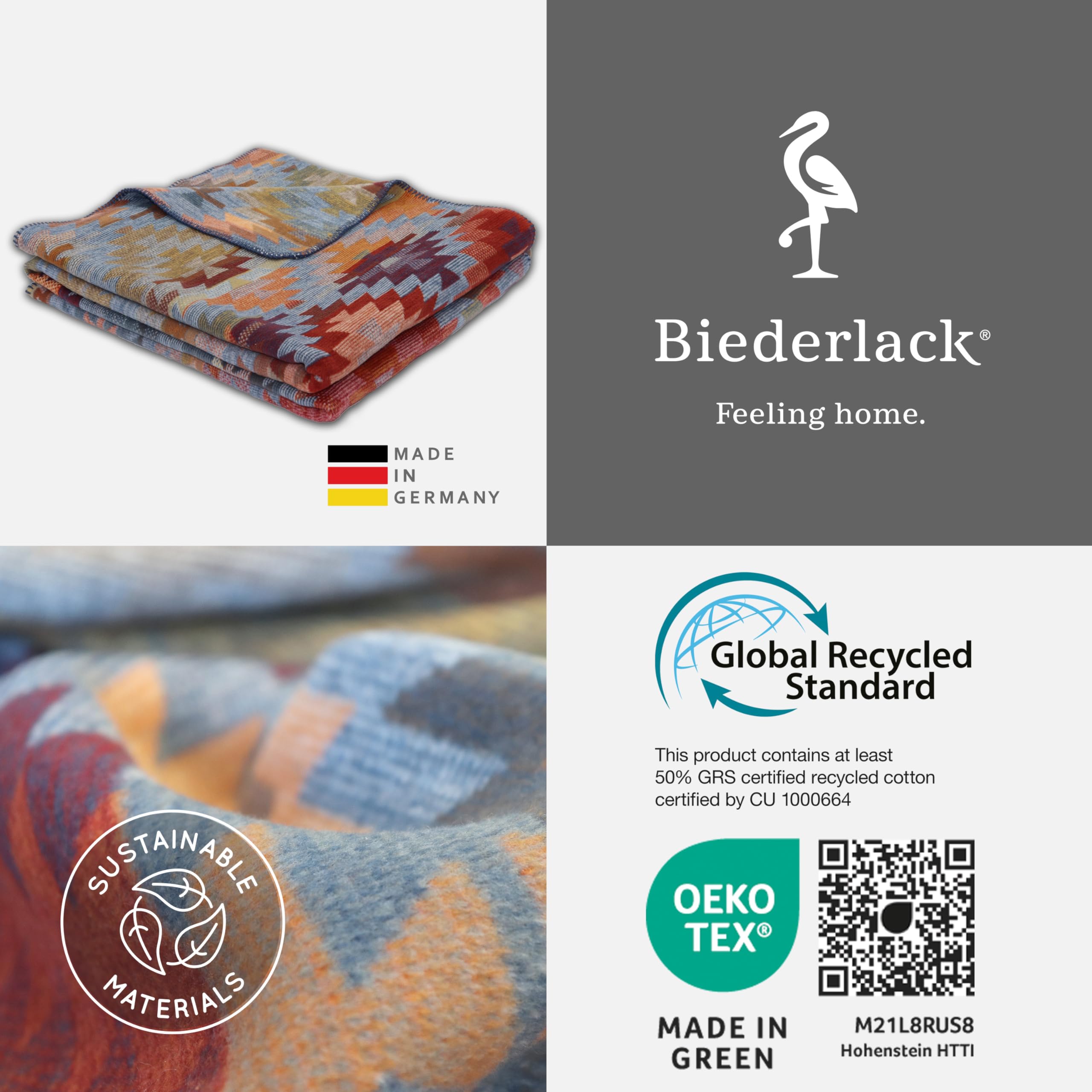 biederlack® Flauschige Kuscheldecke Navajo, Bunte Couchdecke in 150x200 cm | Made in Germany, Ethno Wohndecke in blau-orange, Sofadecke aus Baumwollmischgewebe, farbenfrohe Decke, OEKO-TEX Made in Green