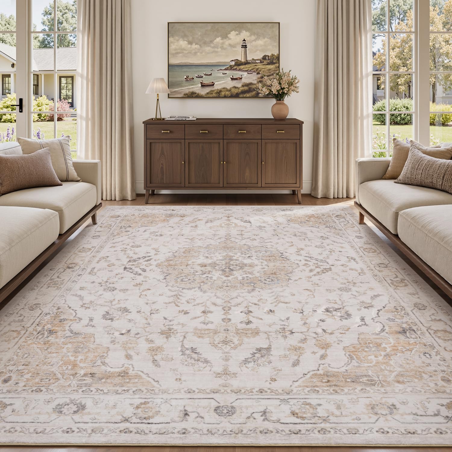 padoor 5x7 area rug,rugs for living room,soft beige rugs for bedroom,machine washable rug non slip carpet for dining room living room bedside office