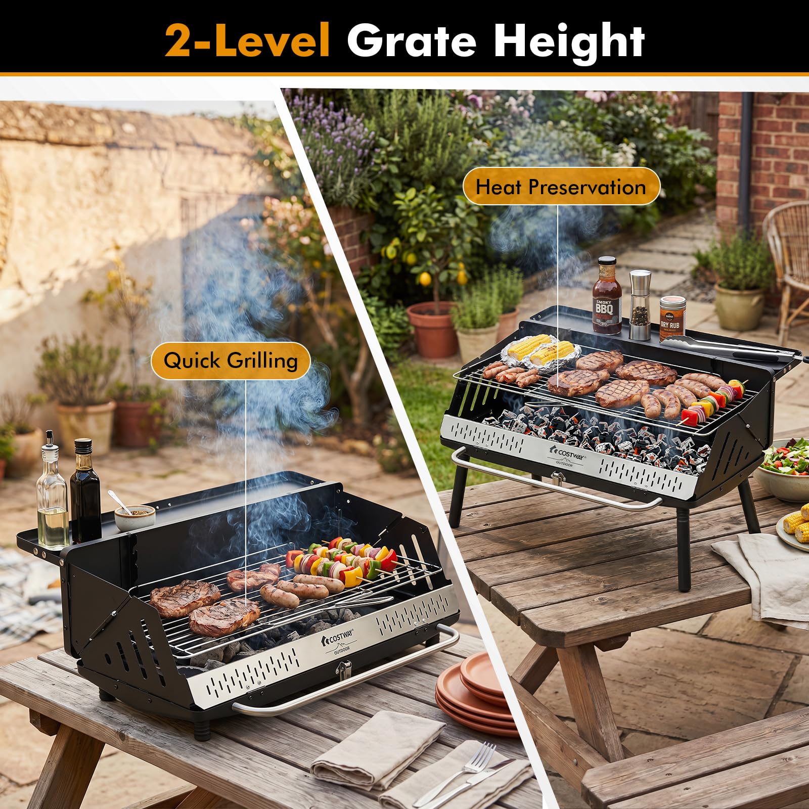 COSTWAY Barbecue Carbonella, Barbecue Pieghevole con Griglia Regolabile in Altezza, Paravento Laterali, Gambe Smontabili, Pinza per Carbone e Borsa Portatile per Campeggio e Picnic