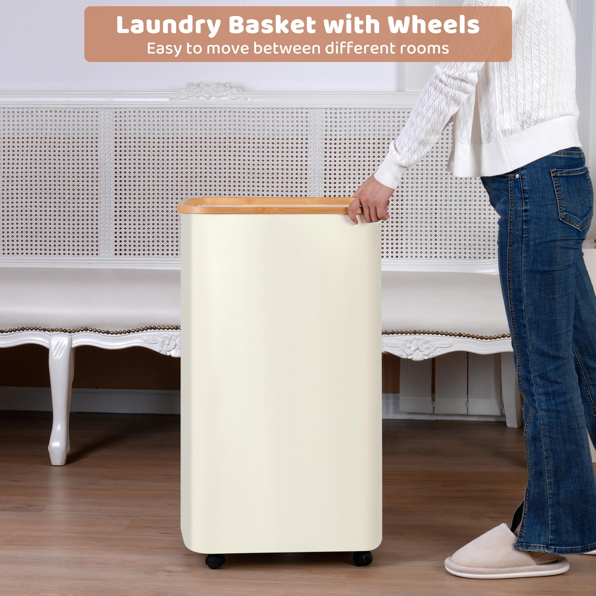 Panier à Linge 75L IEGrow Avec Roues - Bambou Et Tissu - Sac Amovible - Pliable - Pour SdB/Chambre - Beige