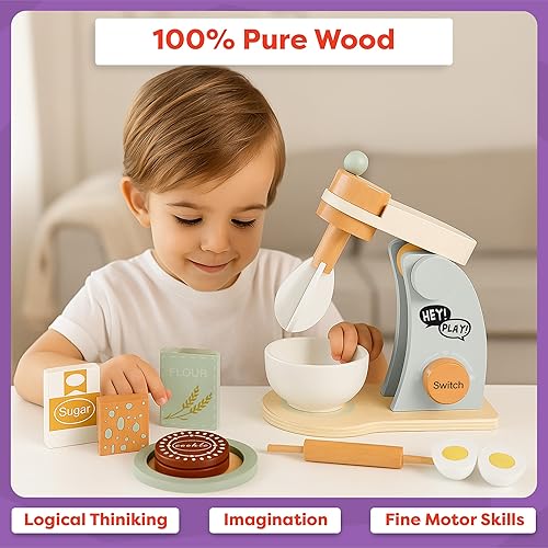 Miniatura 3 de Hey Play - Mezclador de juguete de madera para niños, juego de cocina de 9 piezas para niños pequeños con batidora de pie, comida de juego y