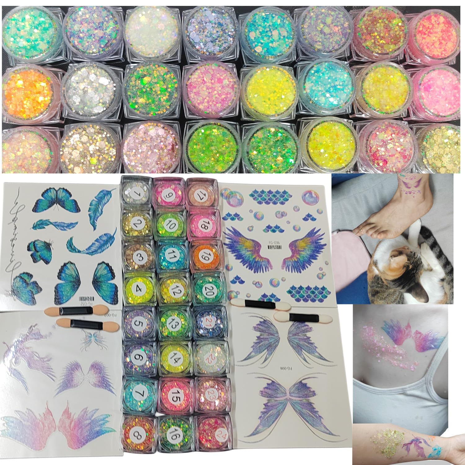 Juego de 56 Tatuajes con Purpurina Tatuajes Temporales, 24 Colores Gel con Purpurina 32 Tatuajes Temporales 4 Pinceles, Juego de Purpurina con Lentejuelas de Sirena para Festivales Navidad Cumpleaños