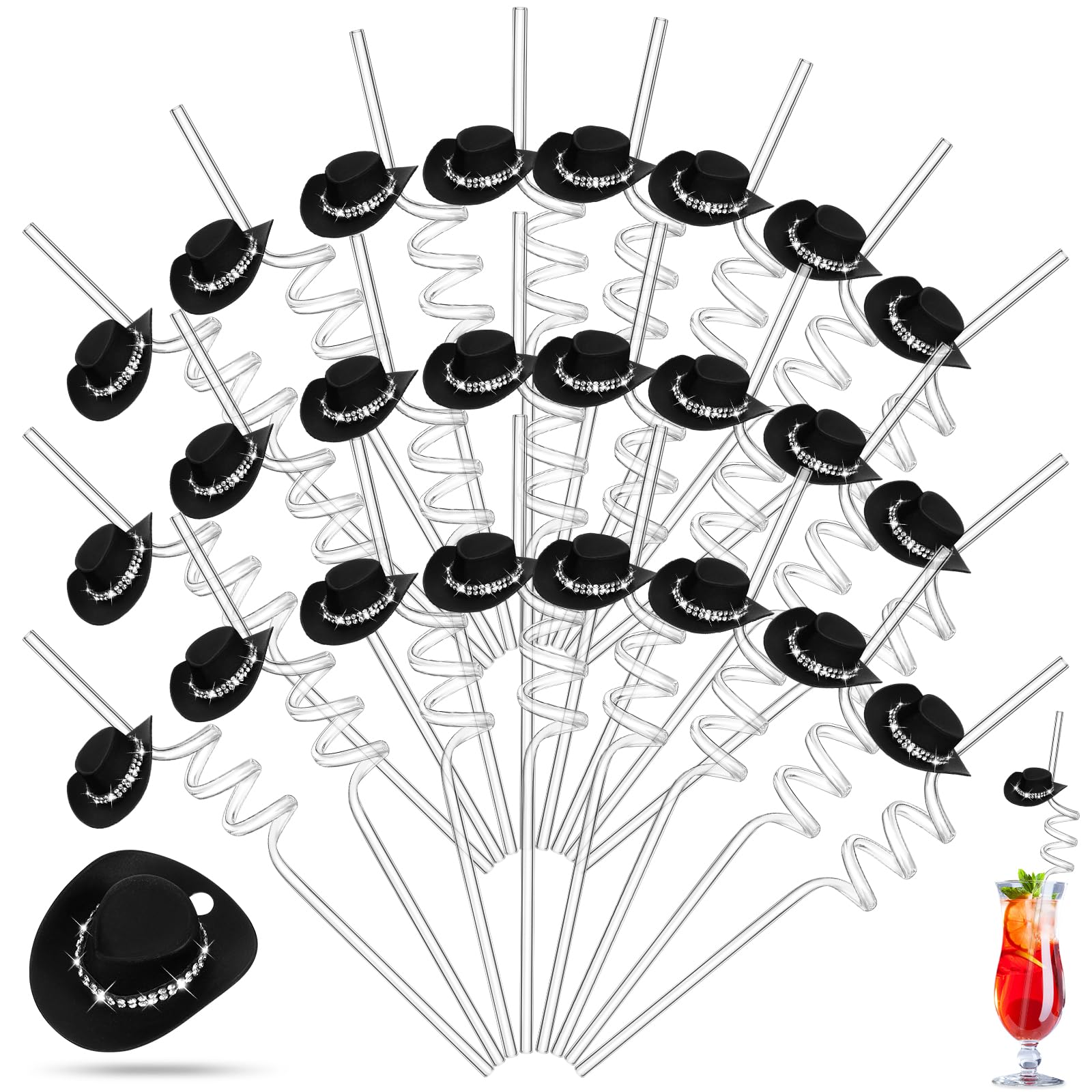 FillTouch 24 Set Bachelorette Cowboy Hat Straws, 70s Mini Disco Rhinestone Cowgirl Western Hat Bling Bend and Glitter Cocktail Straws for 1970s