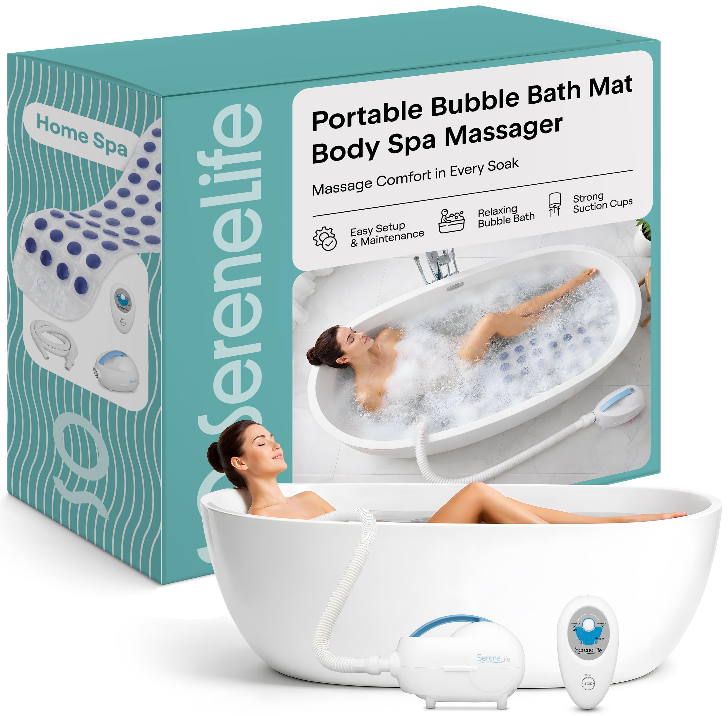 Portable Spa Bubble Bath Massager - Thermal Spa Waterproof Non-slip Mat with Suction Cup Bottom, Motorized Air Pump & Adjustable Bubble Settings - Remote Control Included - Serenelife PHSPAMT22