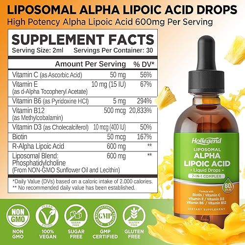 Miniatura 2 de Gotas de ácido alfa liposomal líquido, 600 mg de ácido R-alfa lipoico con biotina y multivitaminas, ALA para antioxidante, salud cerebral y apoyo