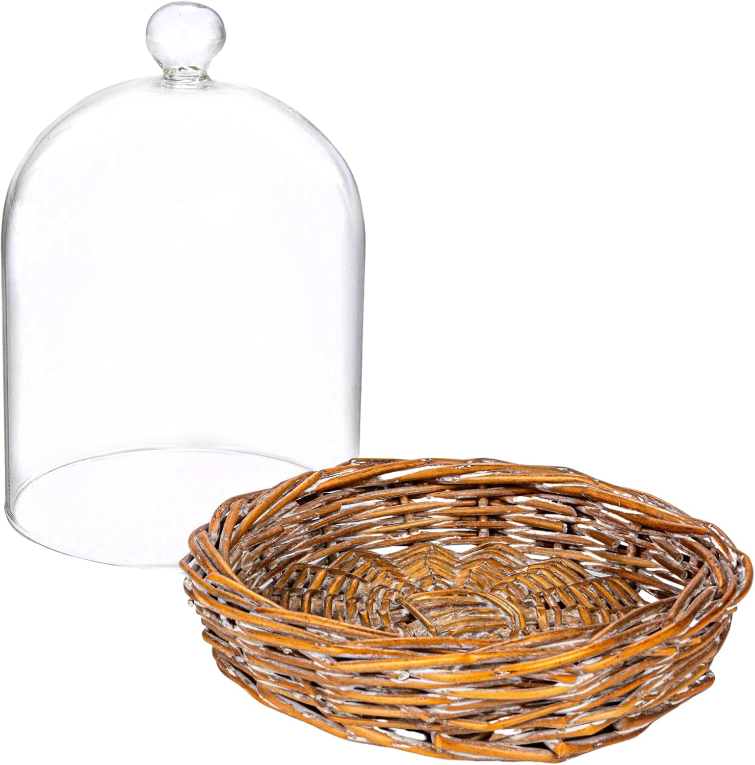 Creative Co-Op Round Glass Cloche with Woven Willow Base, Clear