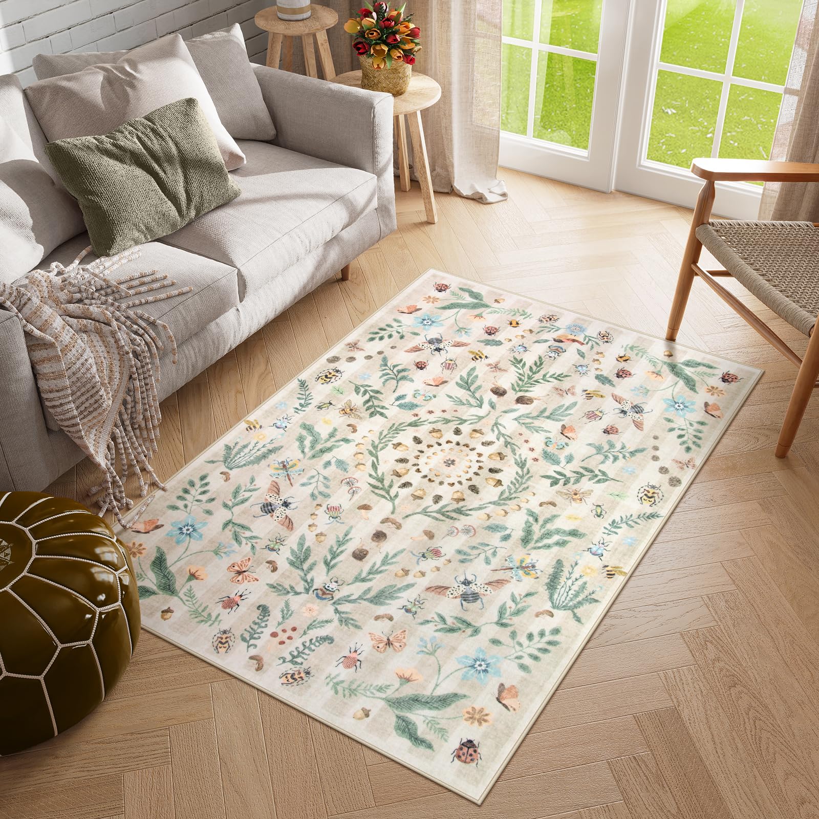 Lahome Insect Botanical 3x5 Washable Rugs for Entryway Soft Rug for Bedroom, Beige Kitchen Rugs Non Slip Washable, Boho Floral Indoor Throw Carpet for