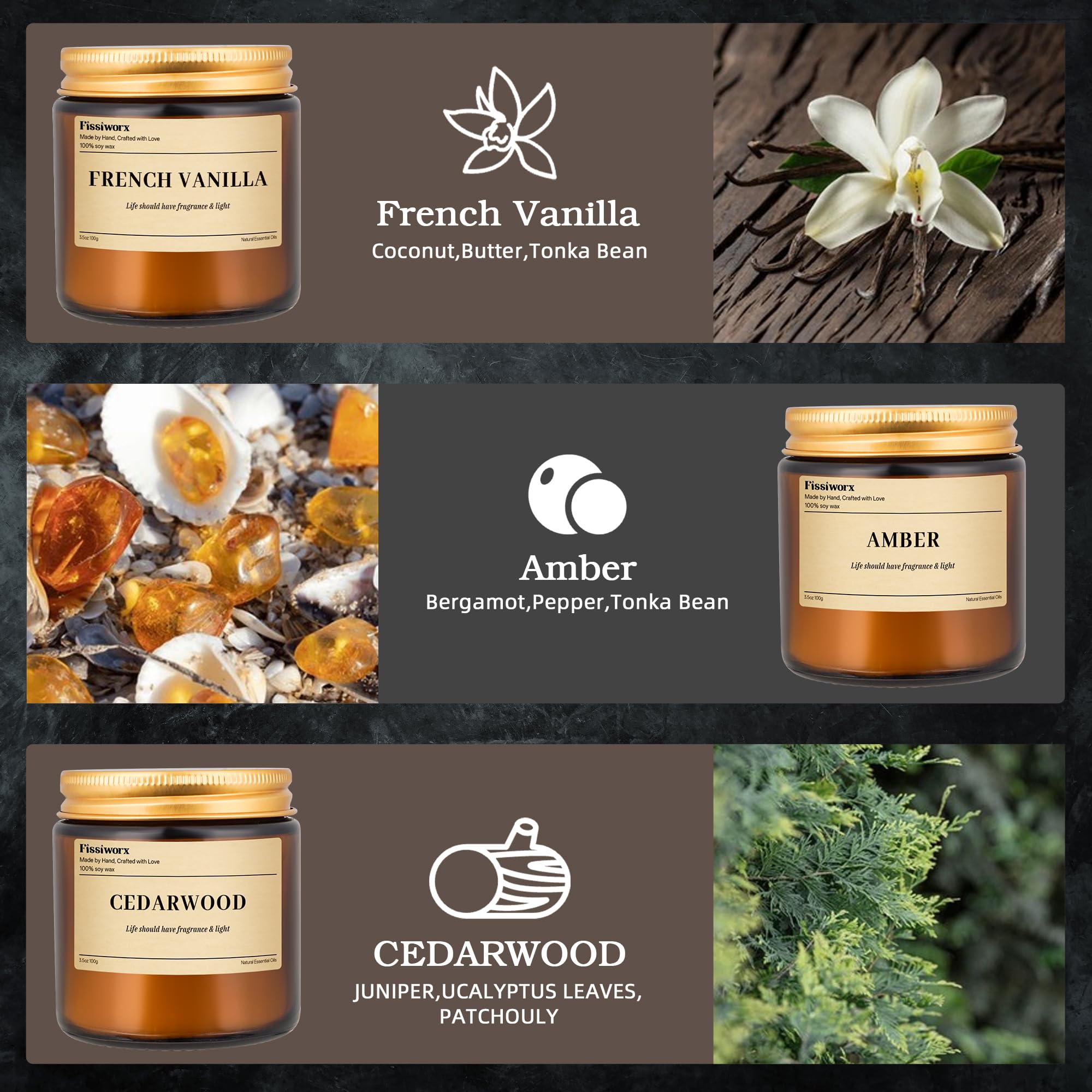 Paquete de 9 velas de soja perfumadas para el hogar (vainilla/ámbar/cedro) de larga duración, 270 horas, velas perfumadas naturales, regalo para mujeres y hombres, cumpleaños, día de la madre, Navidad