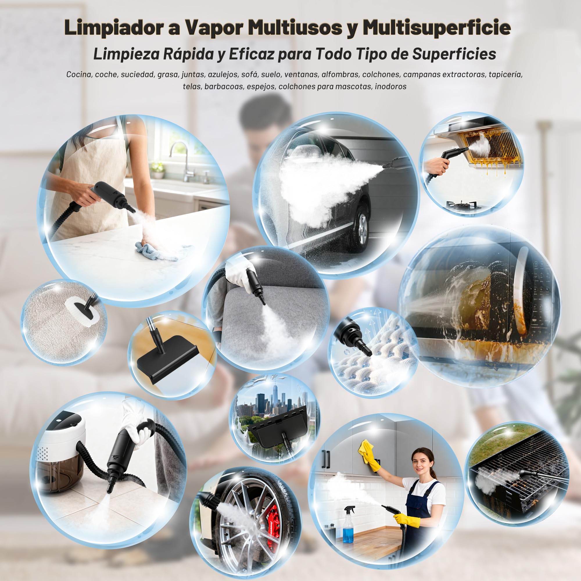 Limpiador de Vapor 2500W, 3 Niveles, 1600ml, 13 Accesorios, sin Químicos | Vaporeta Limpieza Hogar, Calentamiento en 15s, para Suelos, Cocina, Ventanas, Coche y Juntas