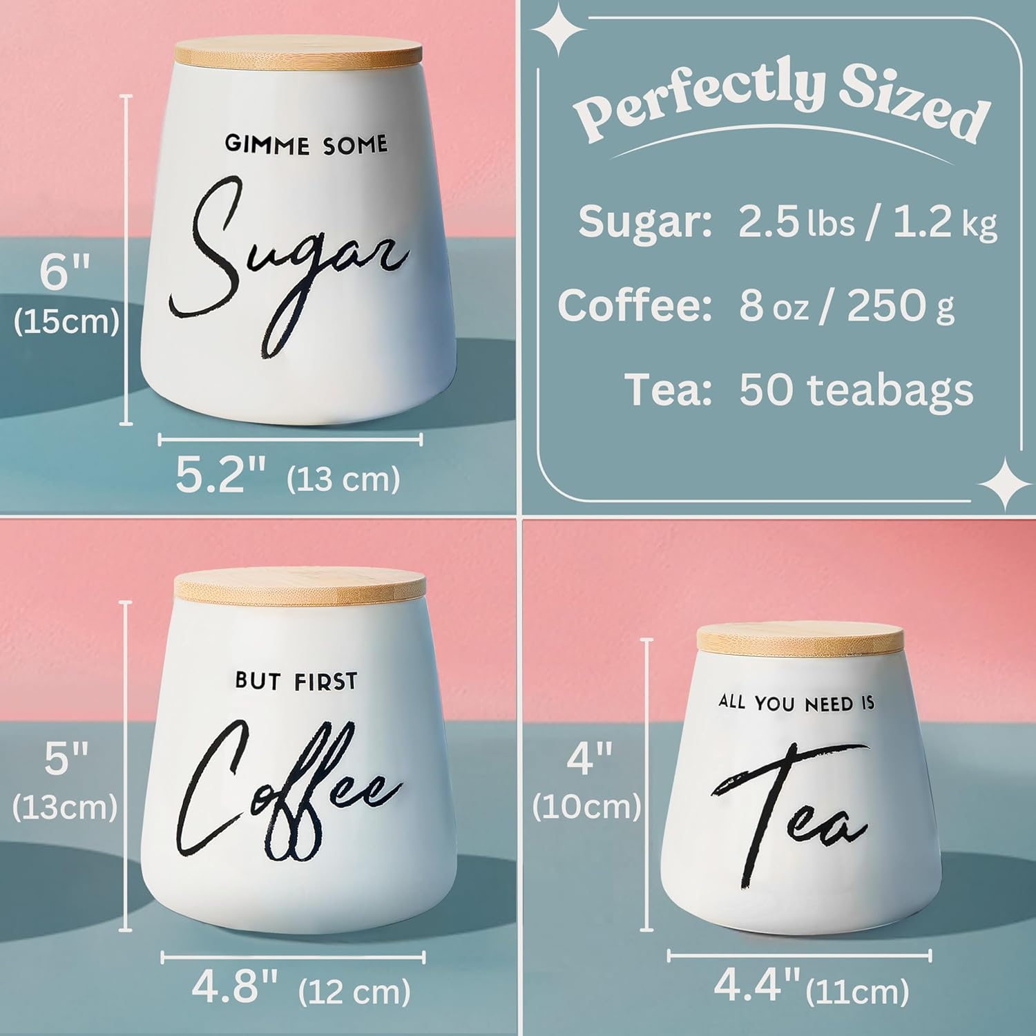 Coffee Tea and Sugar Ceramic Canister Set with Bamboo Lids - 3-Piece Airtight Kitchen Canisters for Countertop - Coffee Bar Container Set, Off-White