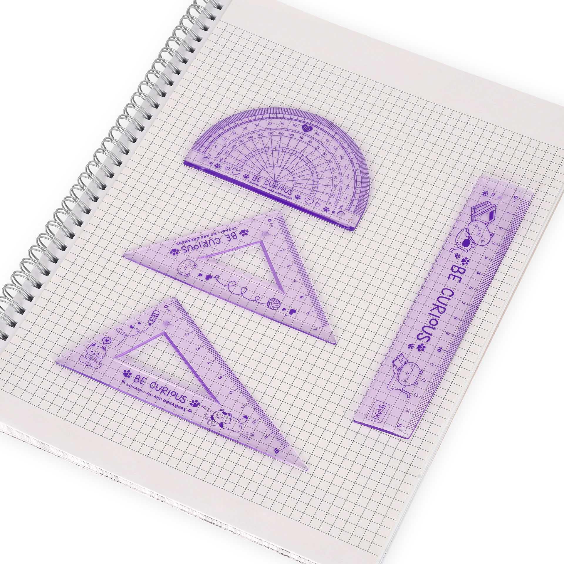 Legami - Juego de geometría, juego con regla de 15 cm, cuadrado de 60° de 10 cm, goniómetro de 180° para la escuela, estuche incluido, material flexible, Tema Kitty