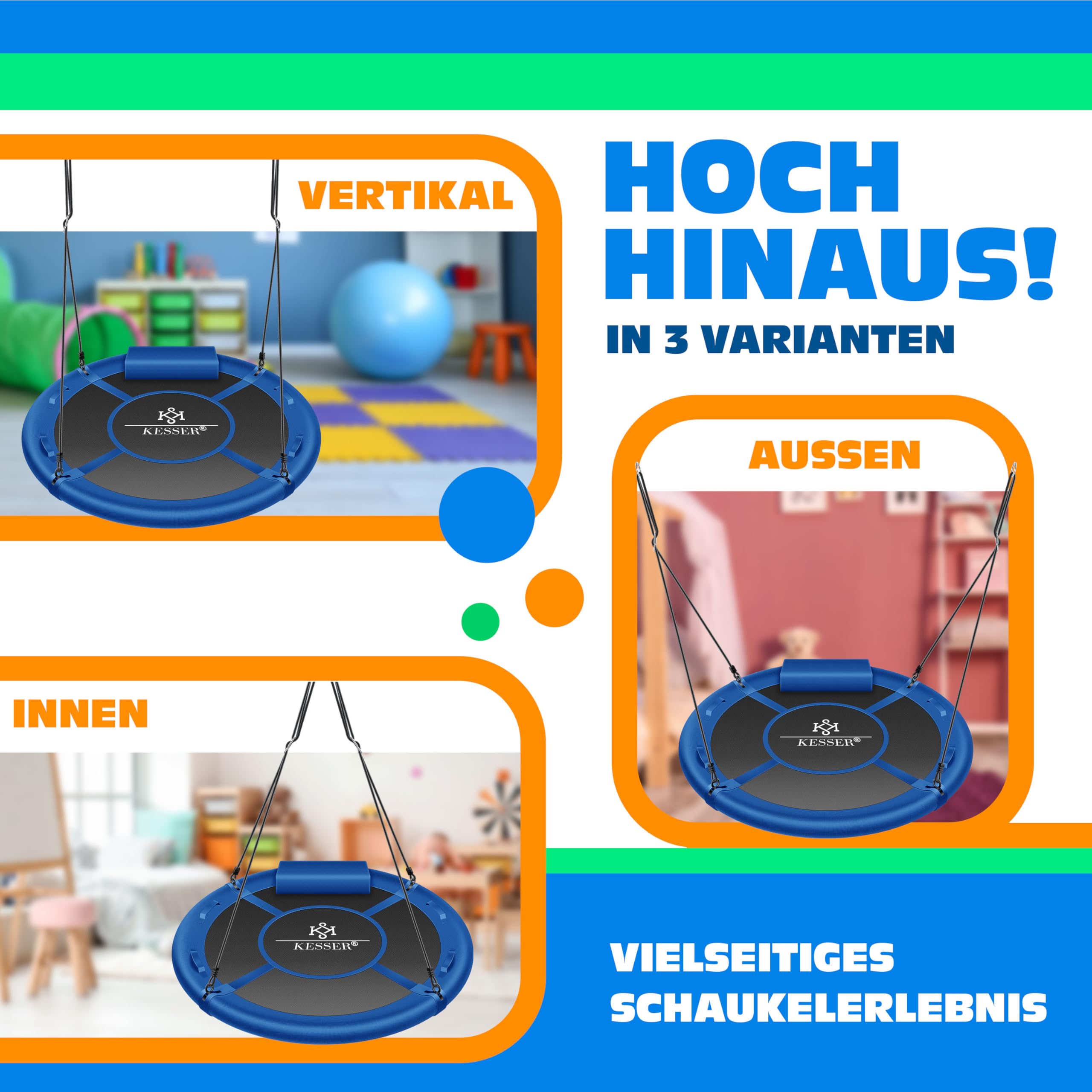 KESSER Nestschaukel Tellerschaukel Ø 120cm bis 300kg mit Kissen & 4 Griffen verstellbar Blau