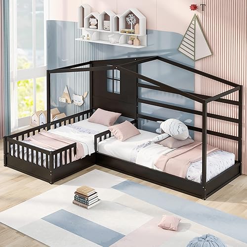 Miniatura 12 de MERITLINE Camas completas con cama nido para niños, marco de cama casa de juegos de madera para niñas y niños, cama completa tipo casa con techo, no