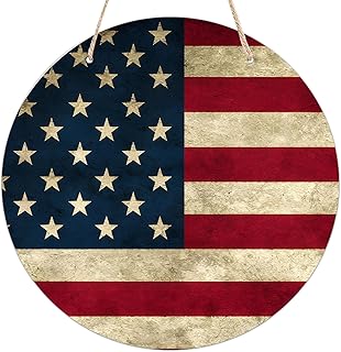 Rustic American Flag Round Wooden Hanging Sign for Home Office Wall Art Decor Door Hanger Gift 8×8 Inches