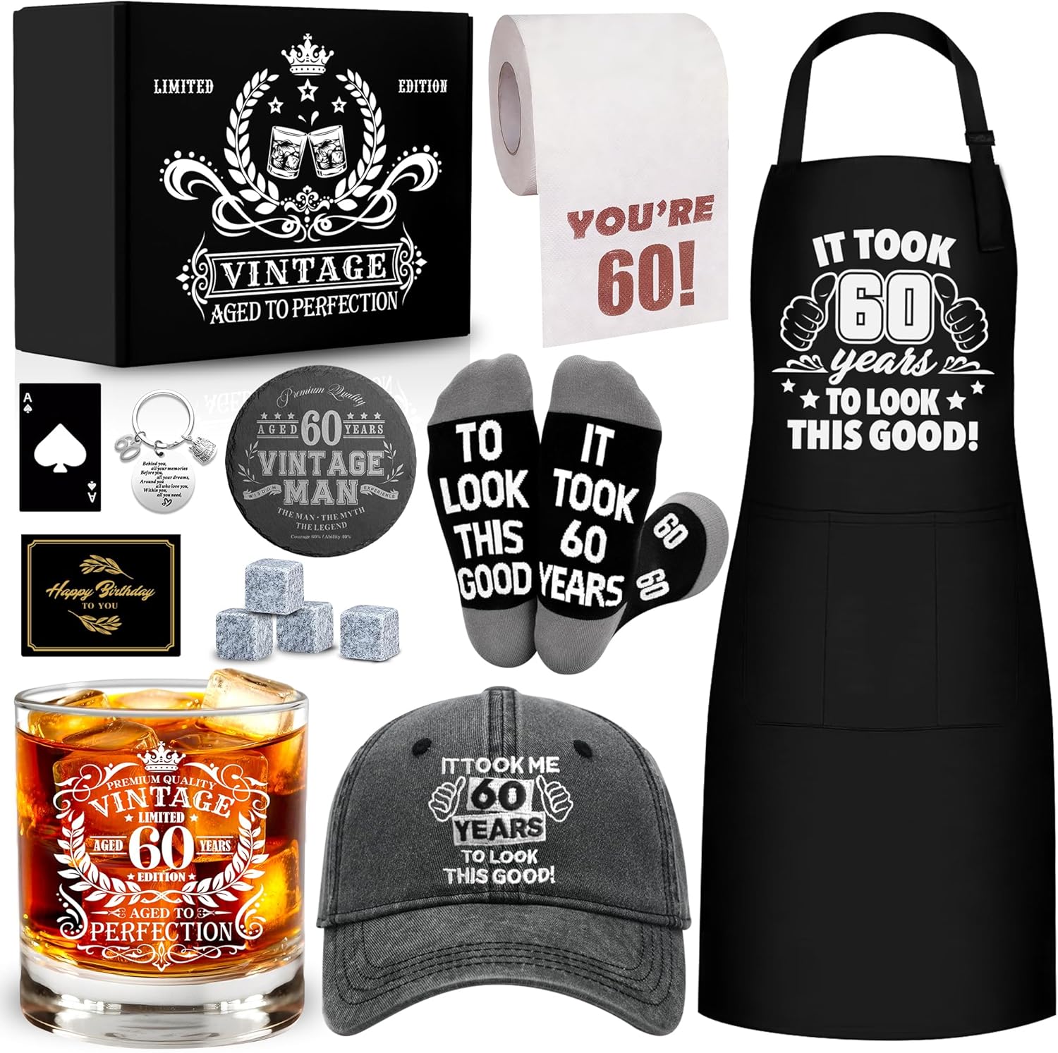 85th Birthday Gifts for Men Whiskey Glass Set, 85th Birthday Party Supplies with 11 Oz Whiskey Glass Coaster Stone Baseball Cap Apron Sock Toilet Paper Keychain for Him, Dad, Husband, Friends