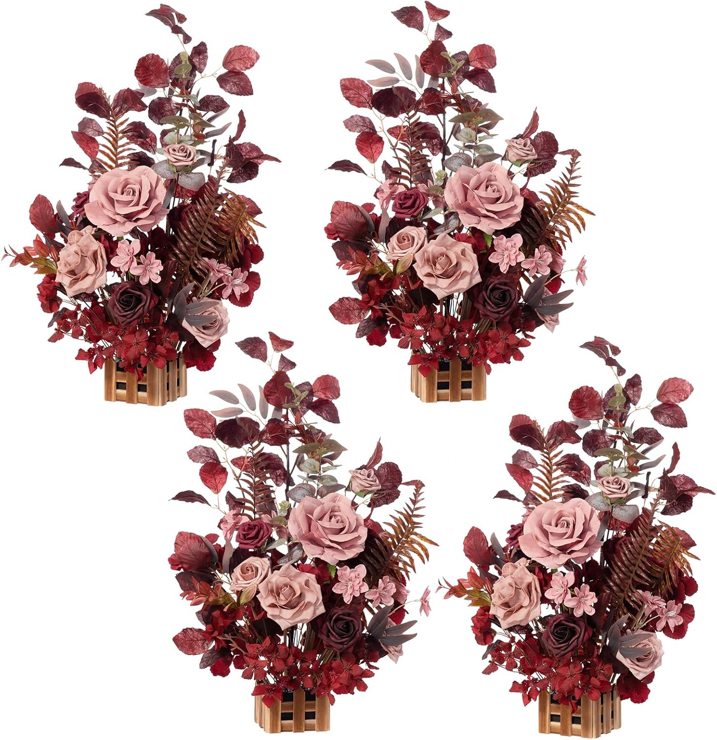 Ling's Moment 17.5" Tall Free Standing Artificial Flowers Arrangements 4 pcs Wedding Aisle Runner Chair Decorations Burgundy & Dusty Rose for Ceremony Reception Rose Floral Party Outdoor Centerpieces Red-burgundy & Dusty Rose